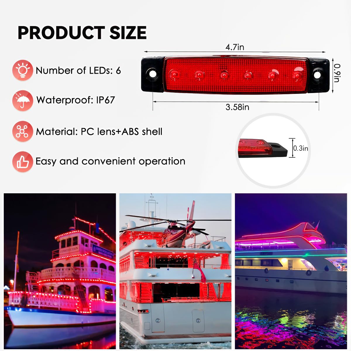 TZnponr Marine Boat Lights, 12V Waterproof Navigation & Courtesy Lights, Red, 10PCS Set for Yacht, Fishing, Sailboat, Kayak, Pontoon