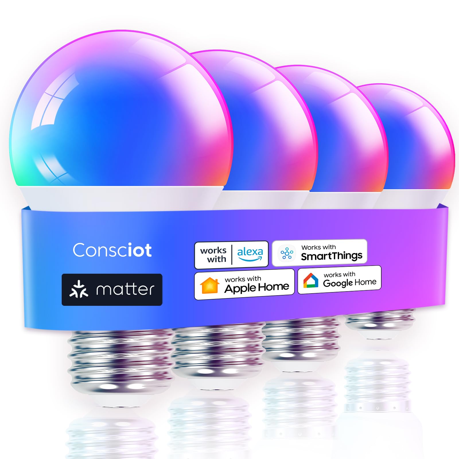 Consciot Smart Light Bulbs A19 E26 WiFi Bluetooth 800 Lumens 4 Pack Matter Certified