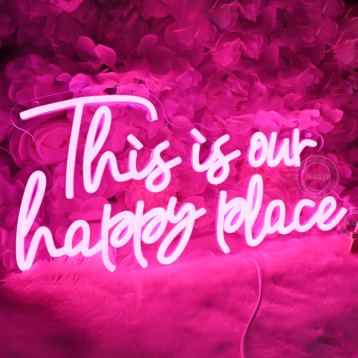 Planzo Neon Wall Sign, inThis is Our Happy Placein, Pink LED Acrylic, 16.54 x 8.07 inches, Home Bar Decor, Wedding Party Gift