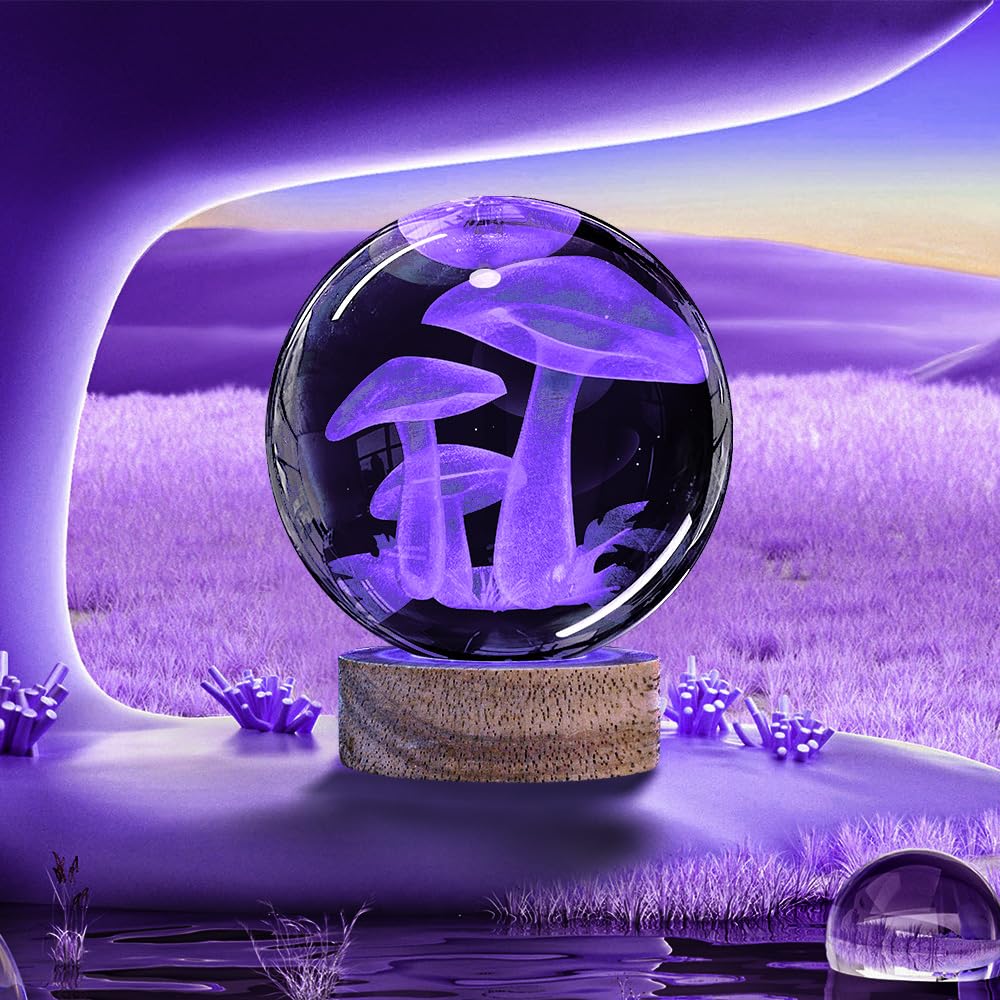 Yylzephb 3D Mushroom Crystal Ball Night Light With Woodern Base, Mushroom Glass Ball Lamp With 16 Colors And Remote Control Cool