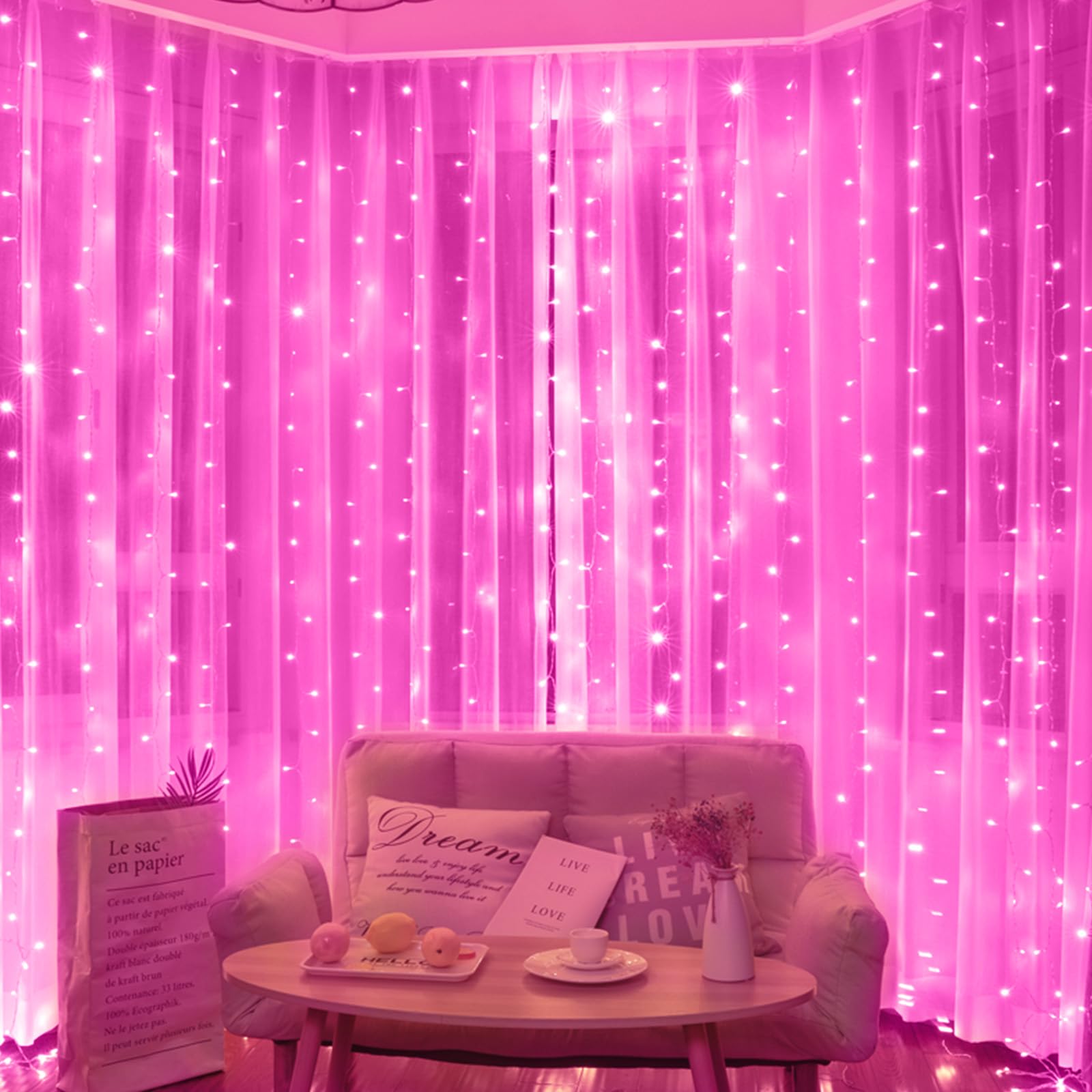 Brightown 300 LED Curtain Lights, 9.8 FT, Waterproof, 8 Modes, Pink, Model JT-EL/FC300V0200, Ideal for Indoor/Outdoor Decorations