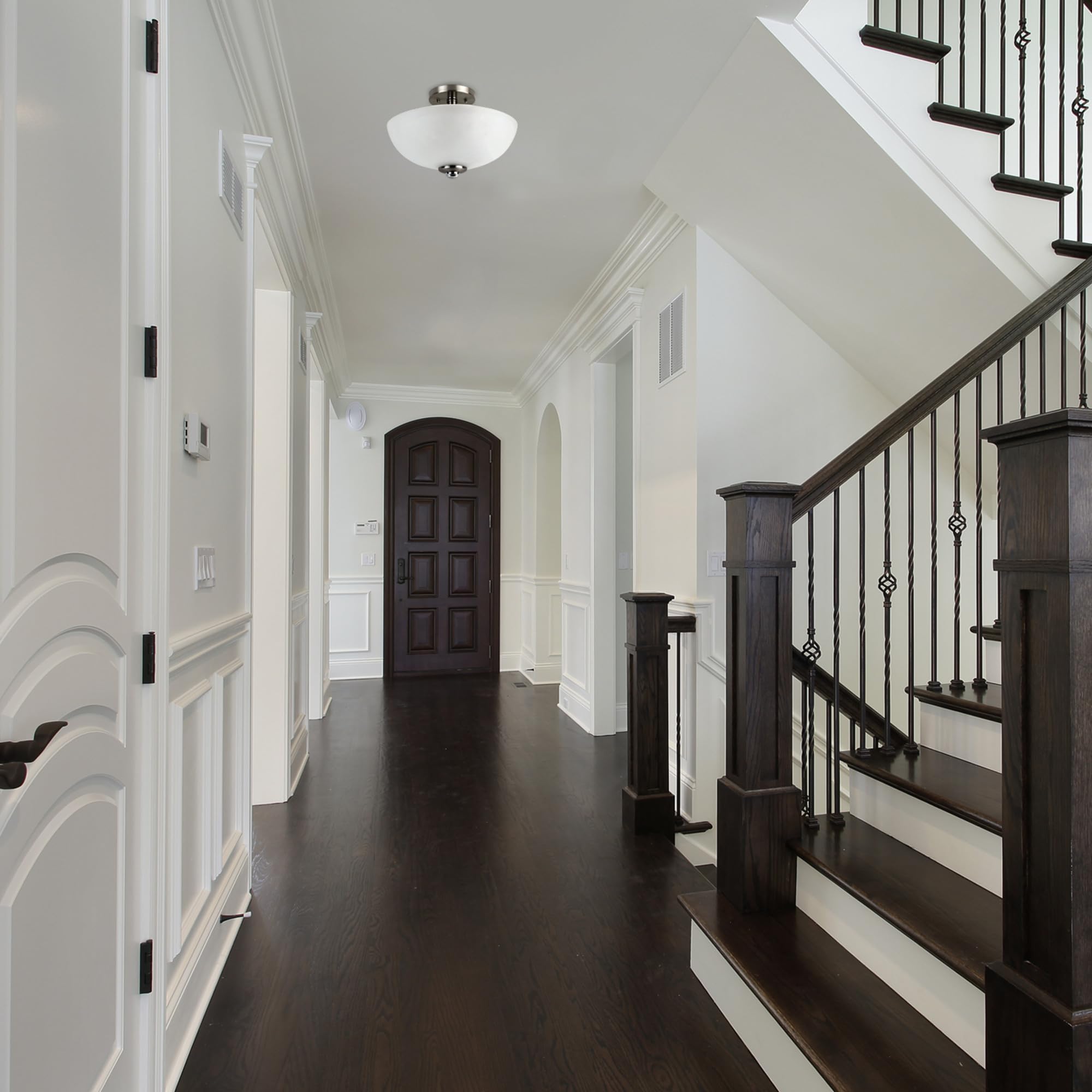 Globe Electric 63357 2-Light Semi-Flush Mount Ceiling Light, Brushed Nickel, Chrome Accents, Frosted Glass Shade, Kitchen, Light