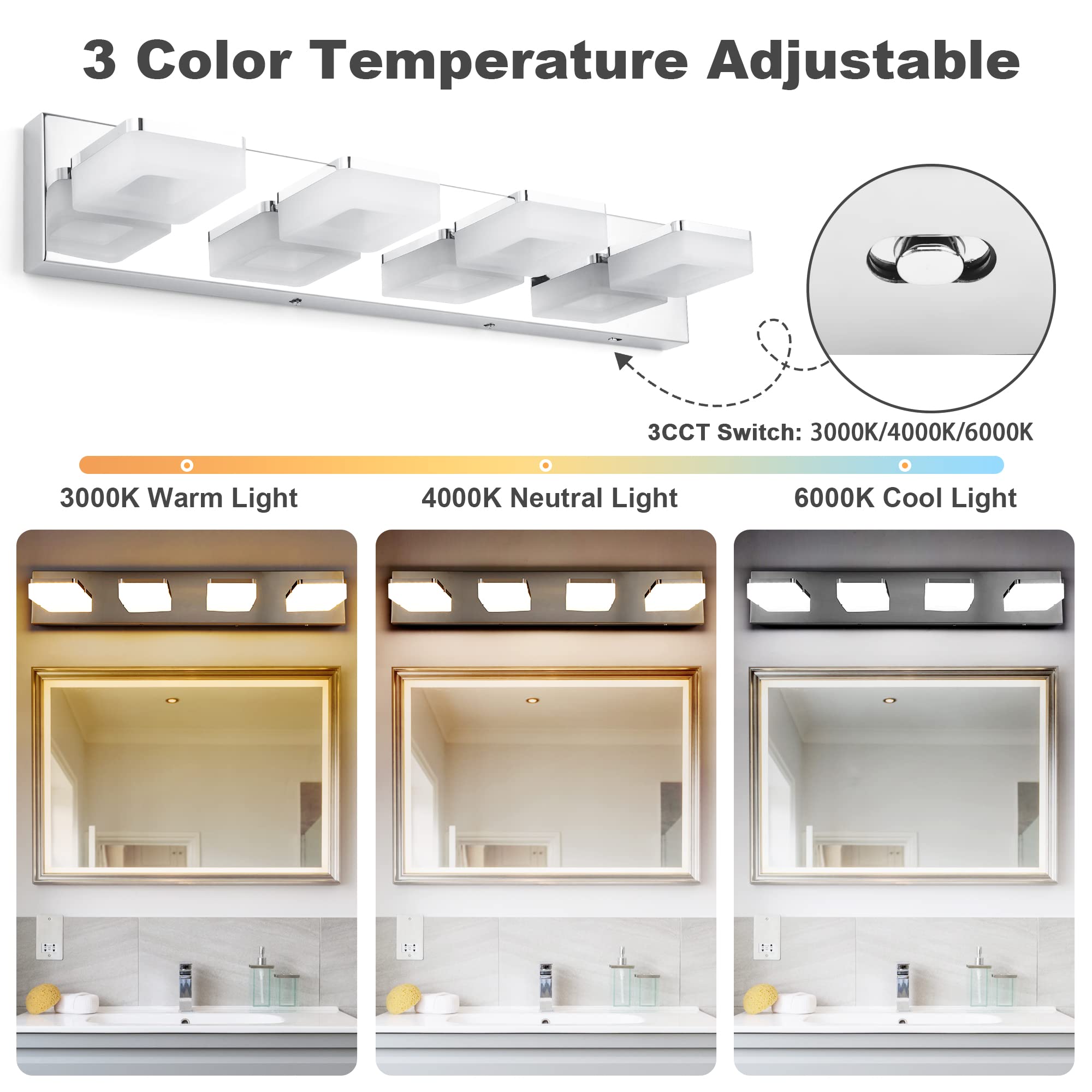 Goodate 3-Color Dimmable Chrome Led Vanity Lights, 4-Light Fixtures For Bathroom, 360° Rotate