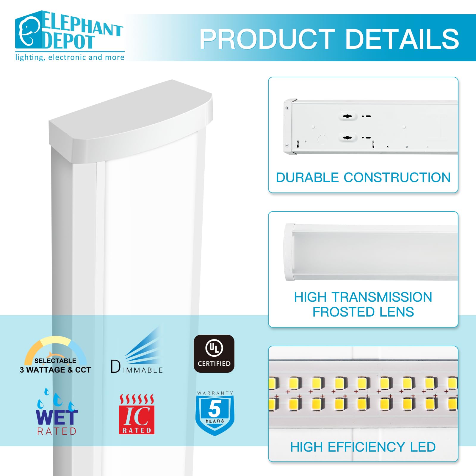 Elephant Depot 2 Pack 4Ft Led Wraparound Light Fixture, 48 Inch Led Closet Light, 32/40/48W, 5520Lm, 3500/4000/5000K, 120-277V H