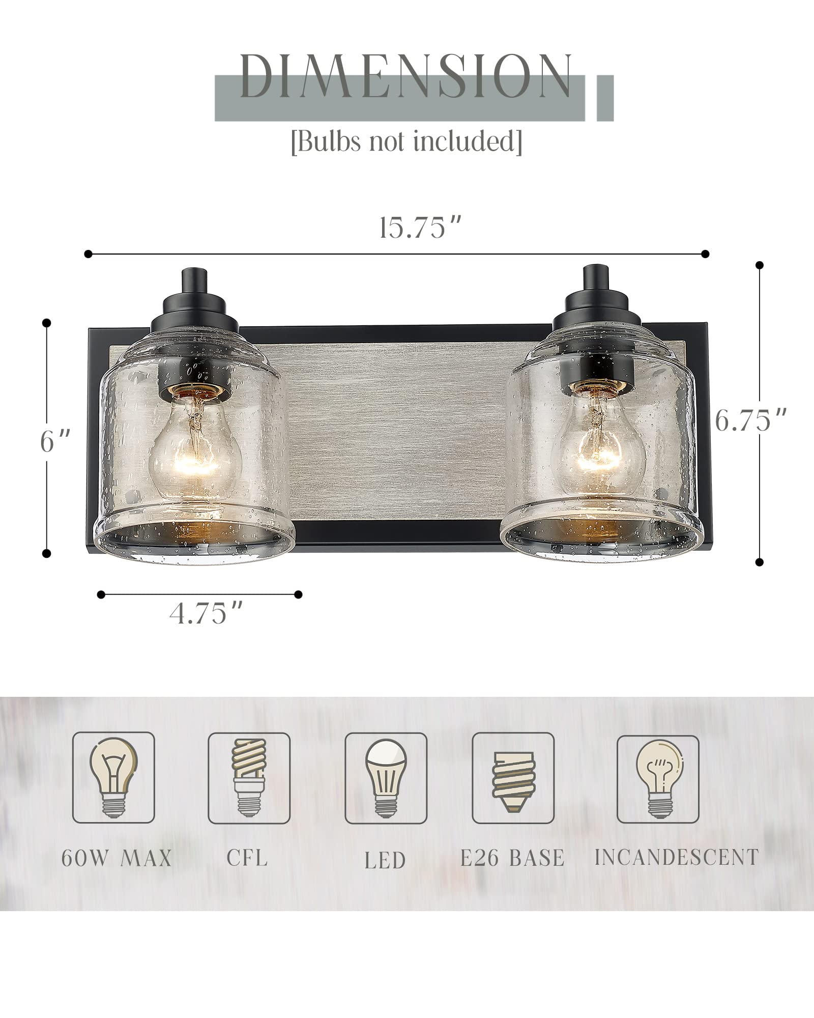 YKLITG Vanity Lights 2-Light Farmhouse Rustic Bathroom Fixture 15.8in Gray Metal Bubble Glass Shades Model BD005-2-BK