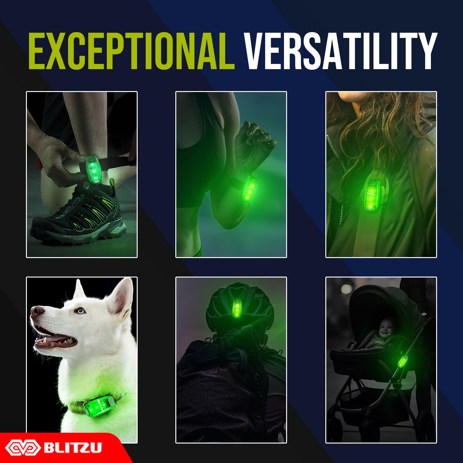 BLITZU 4 Pack LED Safety Lights - Green Clip-On Reflective Gear for High Visibility in Night Walking, Running, Cycling, and Hiking
