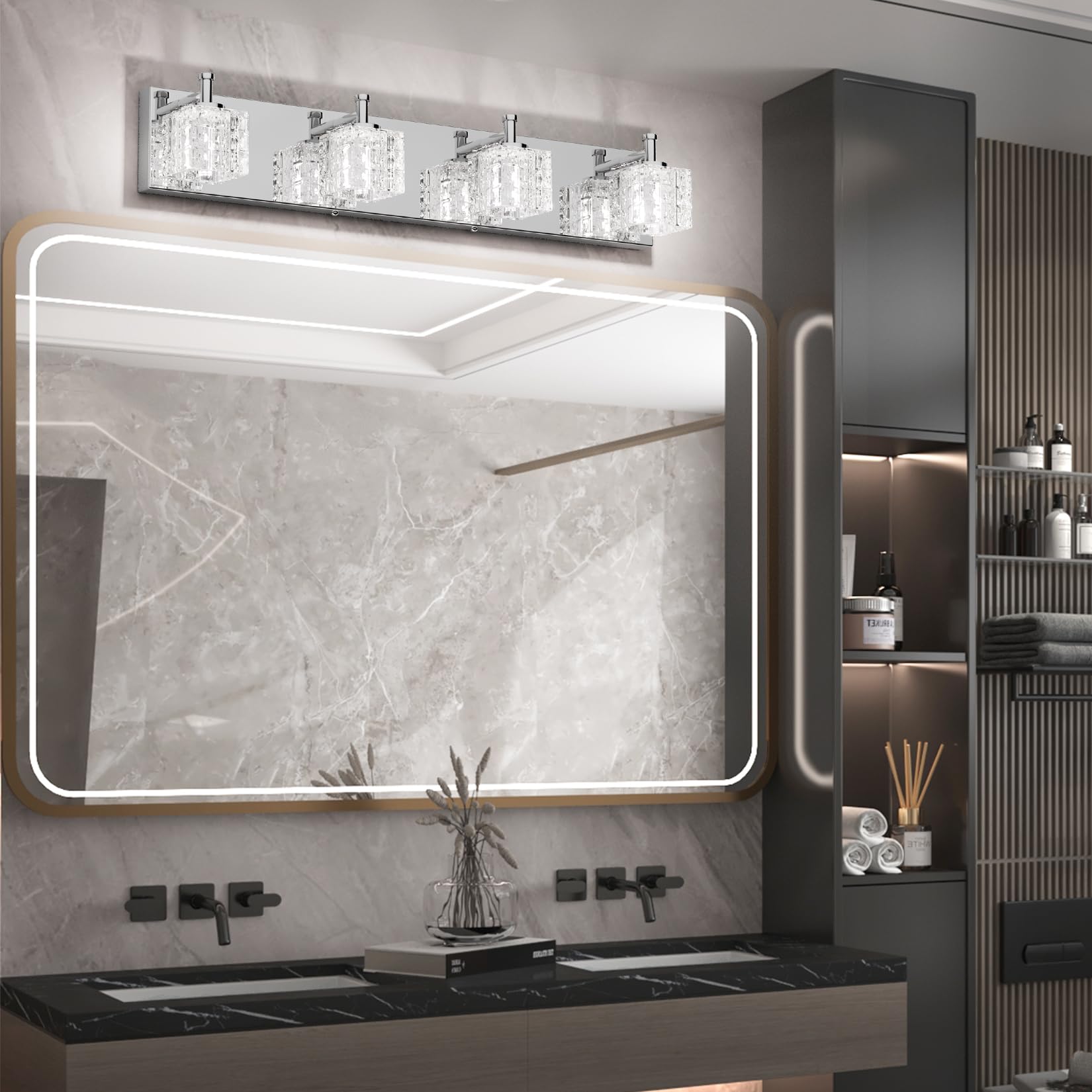 Ralbay Modern LED Vanity Lights - 4 Light Chrome Bathroom Fixture, 26 Inch, Stainless Steel, Model 9822ralbay