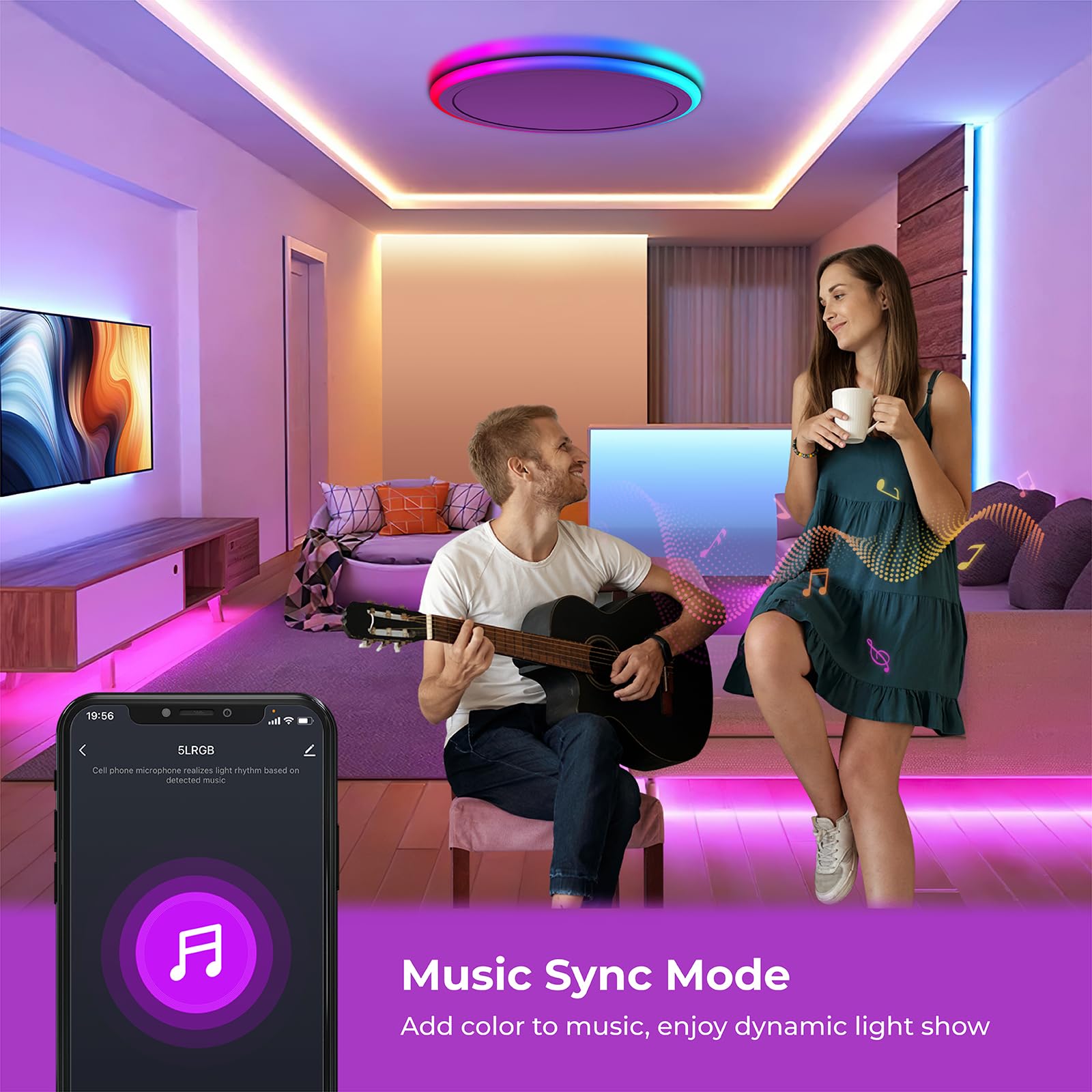 Blnan Smart Rgb Led Flush Mount Ceiling Light With Remote, 13 Inch 24W Dimmable Color Changing Low Profile Wired White Fixture,