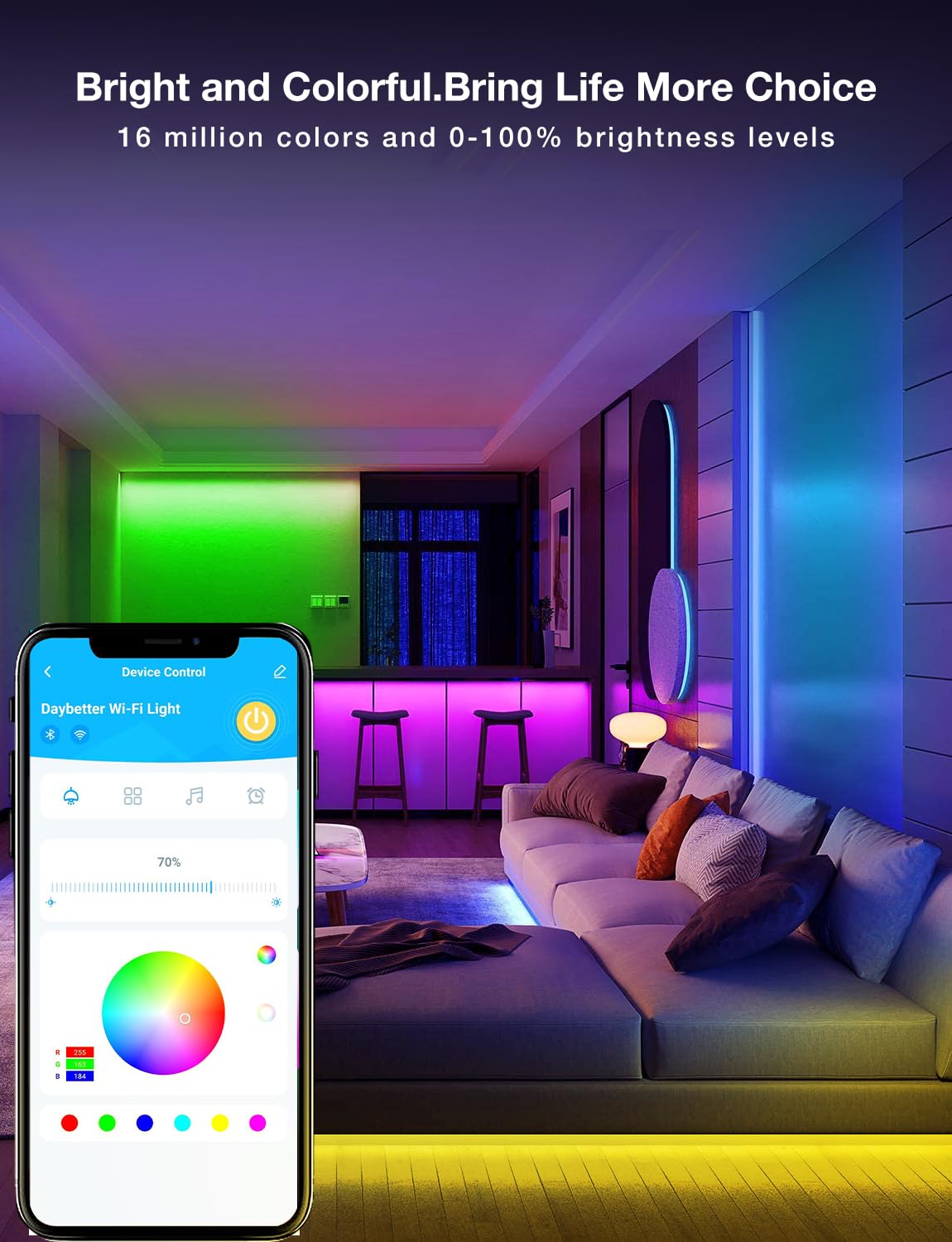 Daybetter Smart Wifi Led Strip Lights 200Ft App Controlled Work With Alexa And Google Assistant Timer Schedule Rgb Strip Color C
