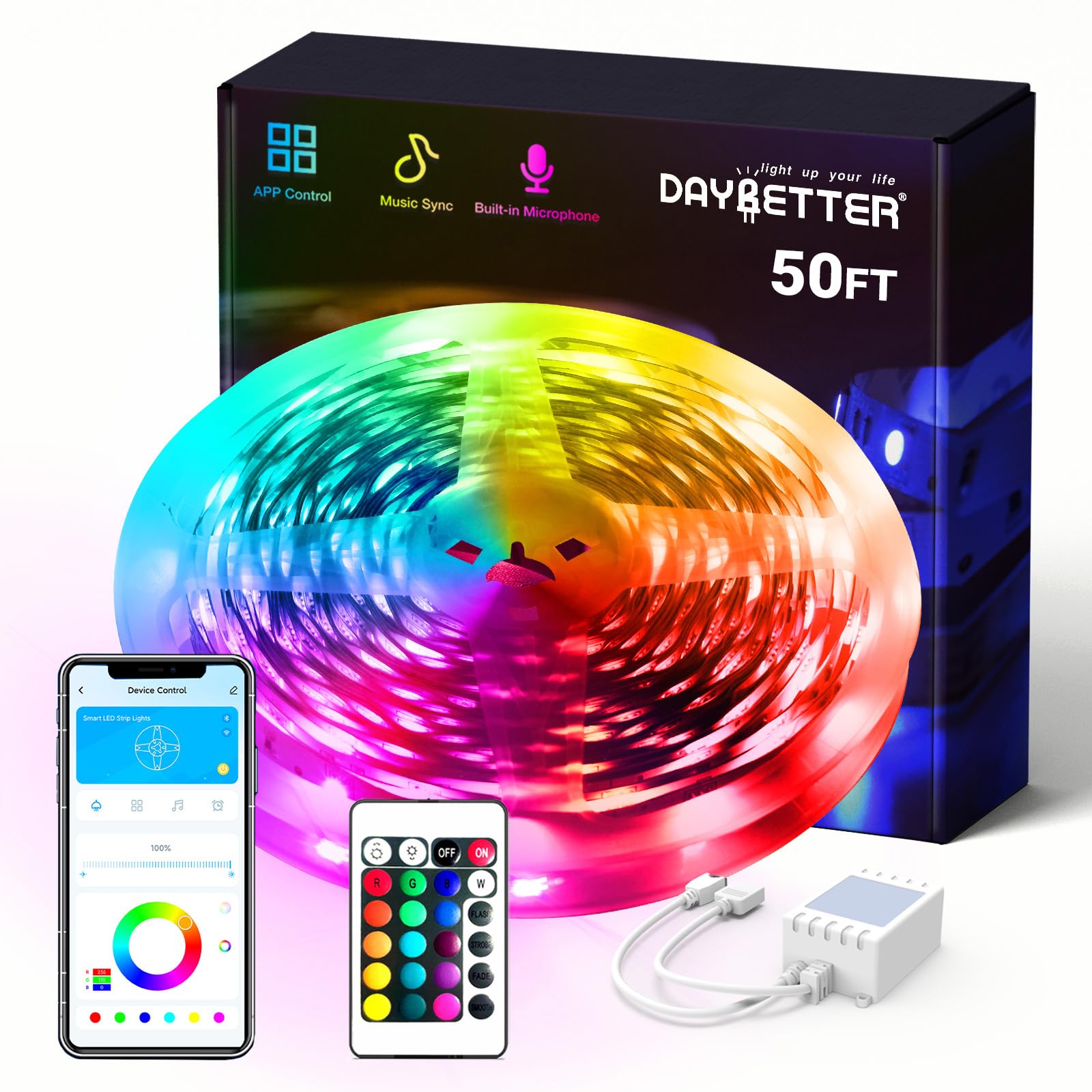 Daybetter 50Ft Led Strip Lights, Bluetooth Control, Multi-Color, Modern Design, Model Flslb503275Rgb-Dbus
