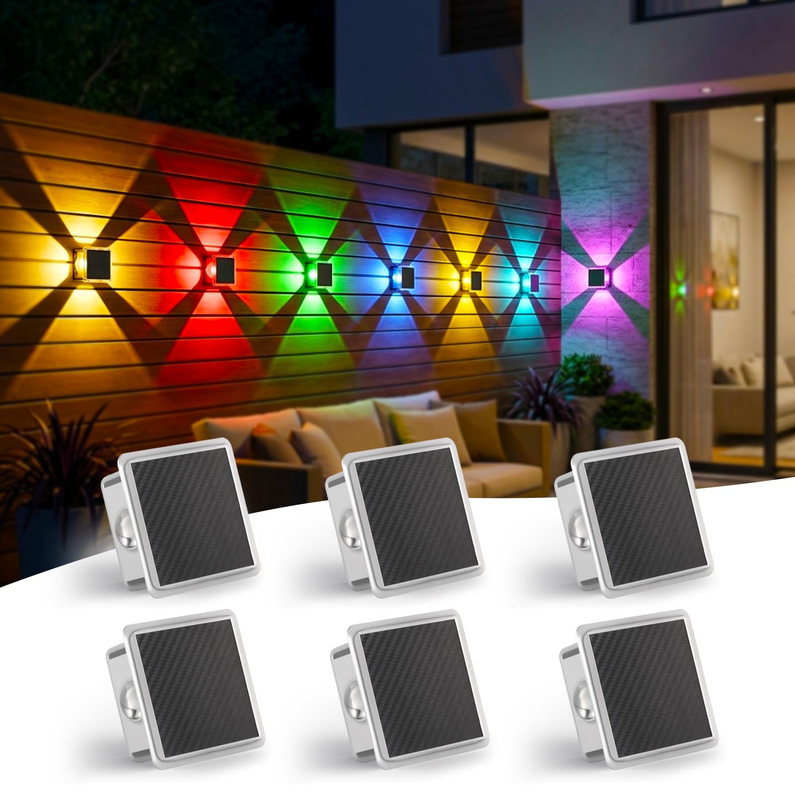 HydeSolar Solar Fence Lights 6 Pack - RGB Color Changing + Warm White, 4-Sided Decorative Accent Lights for Outdoor Fence, Patio