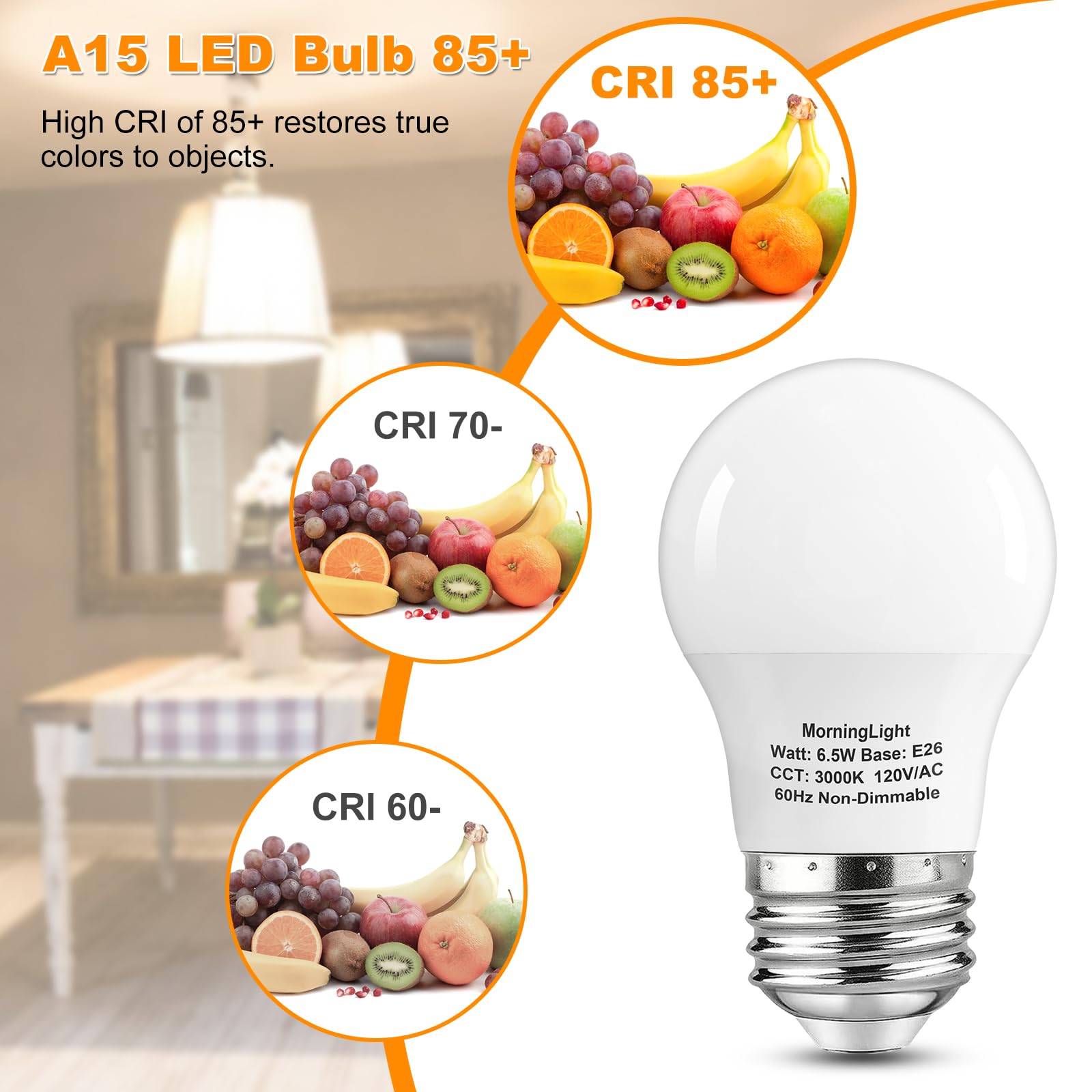 Morninglight A15 Led Bulb 60Watt Equivalent, 3000K Soft White, 600 Lumens Bulb, E26 Base, Non-Dimmable, Etl Listed, A15 6.5W Led