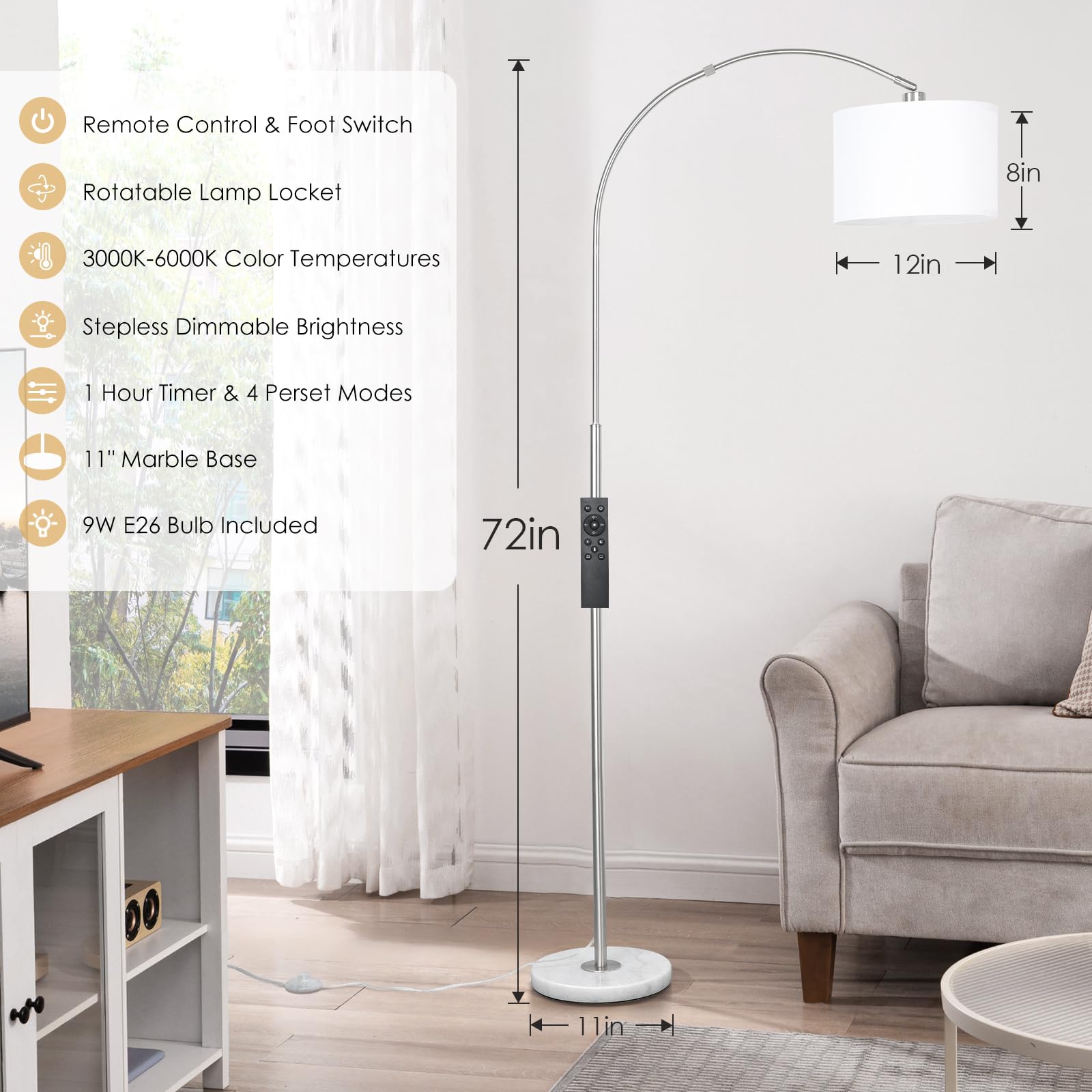 Qingmiao Arc Floor Lamp, Modern Metal Standing Lamp with Dimmable Bulb, Foot Switch, Silver, Model QM-FL-ARC