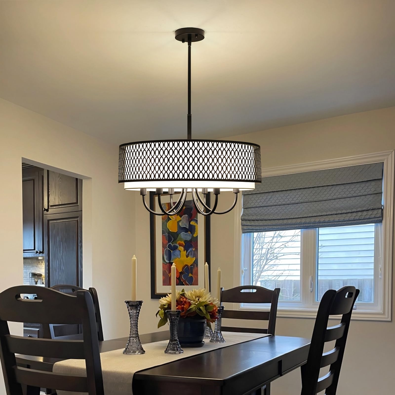21.65 Large Black Chandelier with Shades 6 Lights Farmhouse Drum Chandeliers for Dining Room Over Table Round Pendant Light Fixtures Modern Chandelier for Entryway Foyer Kitchen Island Living Room