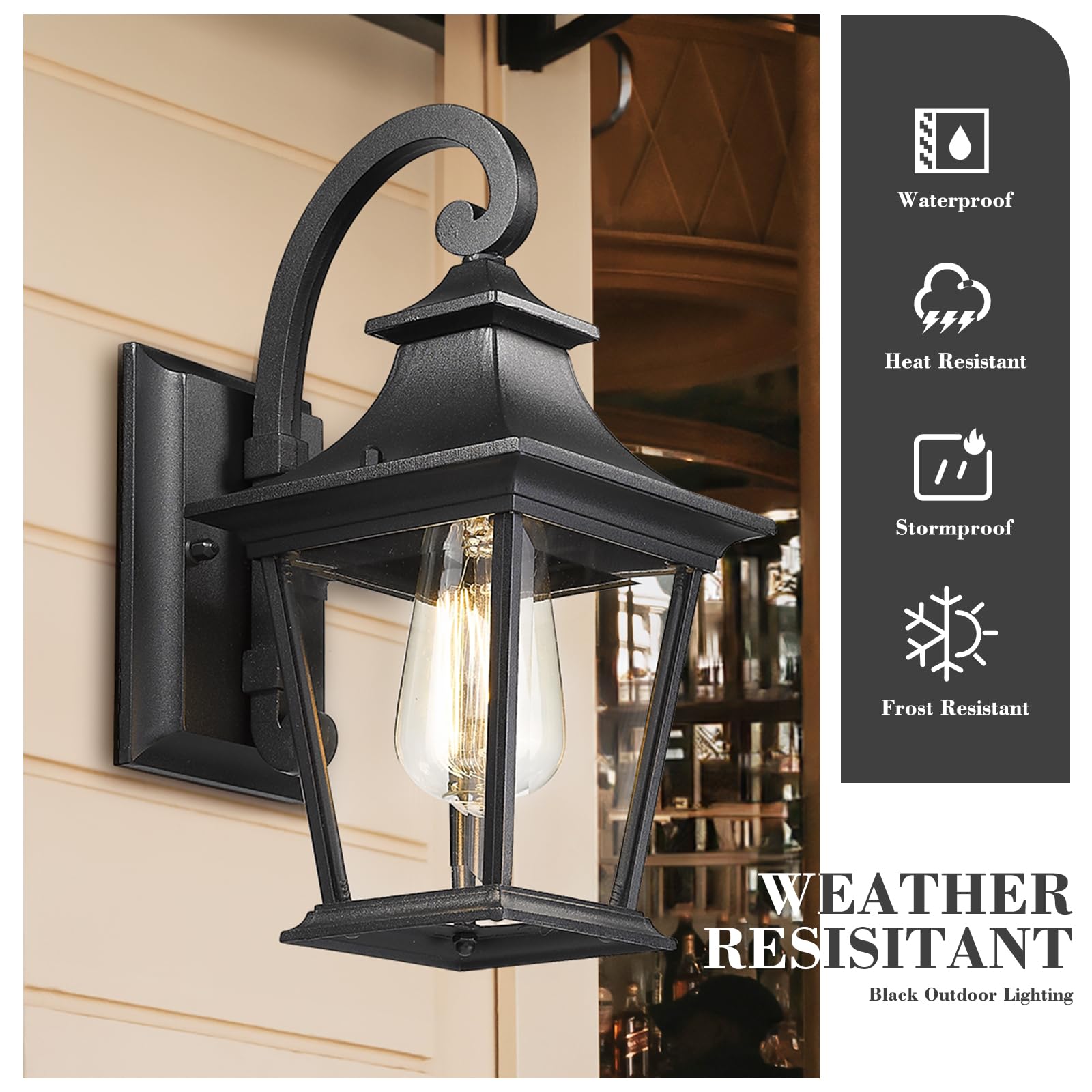 Emliviar Black Outdoor Porch Light Fixture, Modern Clear Glass Wall Light, 12&quot; Height