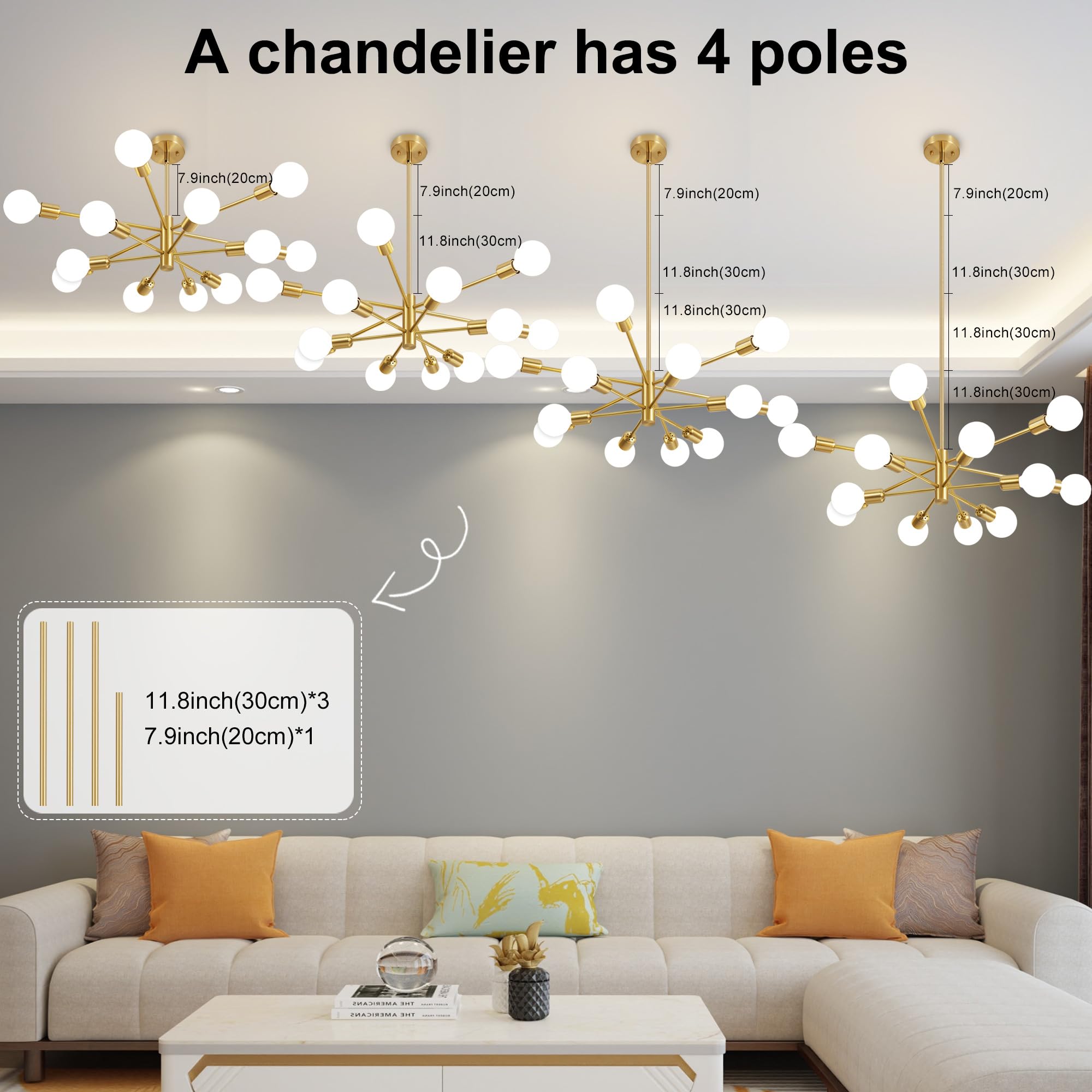 Deyidn Modern Chandelier Gold Chandeliers 12-Light Mid Century Sputnik Ceiling Lighting Fixture For Living Room, Kitchen, Bedroo