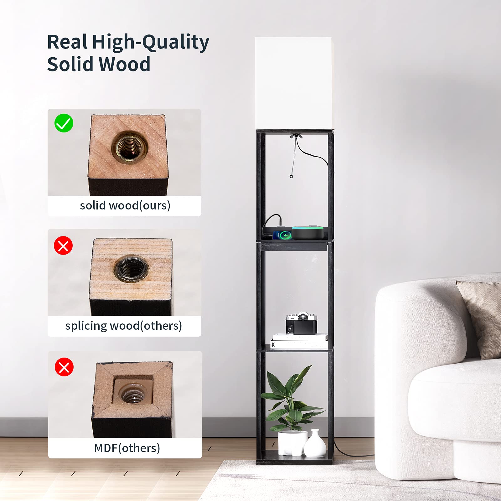 SUNMORY Modern Dimmable Floor Lamp with Shelves, 1 Drawer, 2 USB Ports, Black
