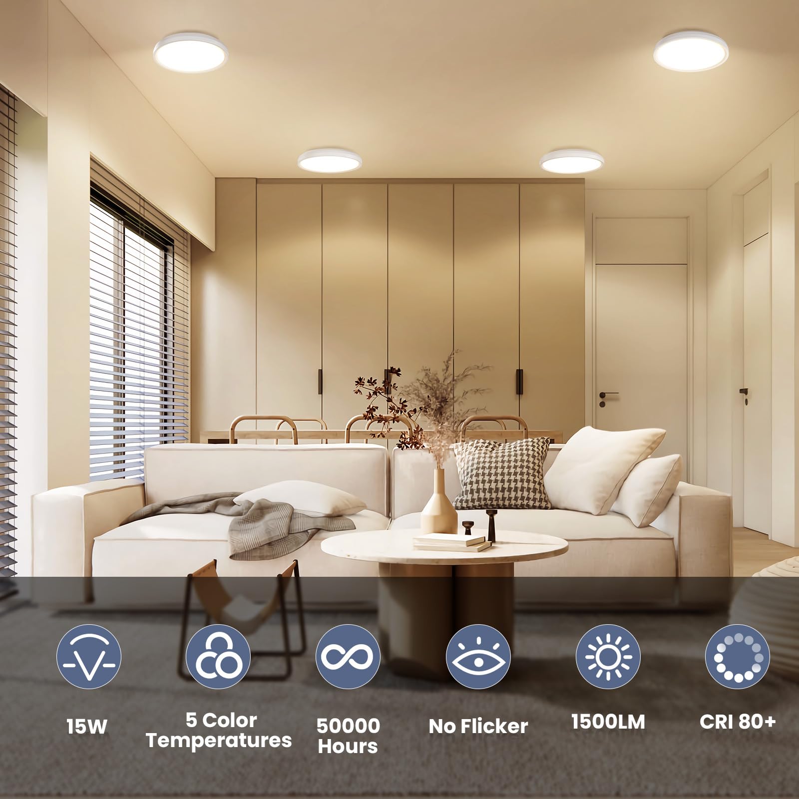 NIORSUN 7 Inch LED Ceiling Lights, 15W Dimmable Flush Mount, 5CCT Options, 2 Pack, White, Model 1622101LGTF