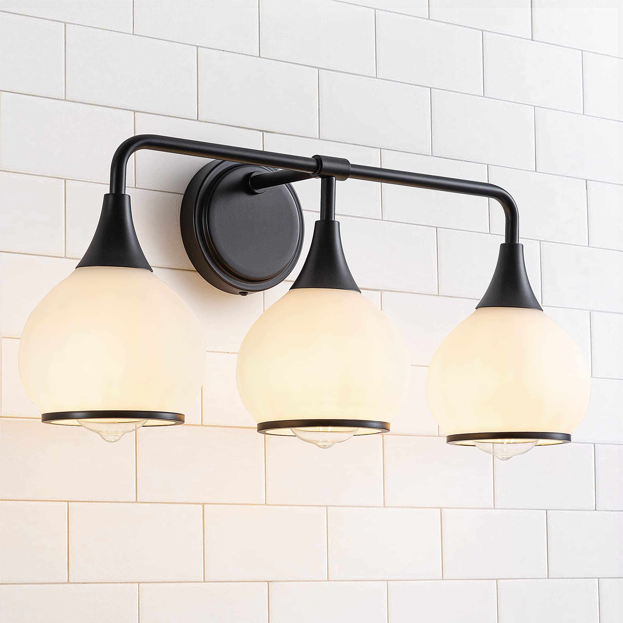Hahzt Black Bathroom Light Fixtures 3-Lights Vanity Lights With Milky White Frosted Glass Shade Bathroom Vanity Light 22.4 Inch