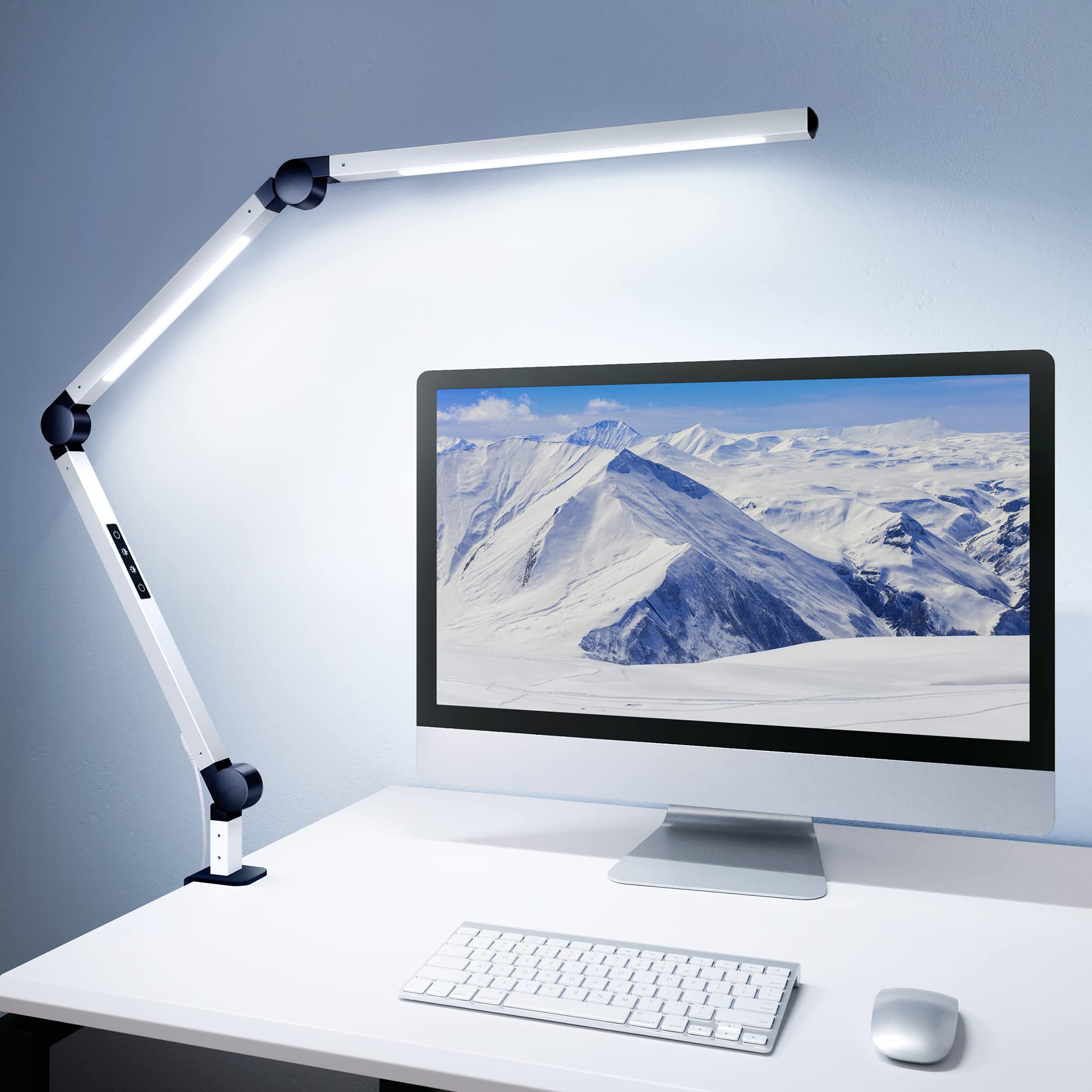 MediAcous LED Desk Lamp with Clamp, Dimmable 4 Color Modes, Swing Arm, White, Model ME-DL02