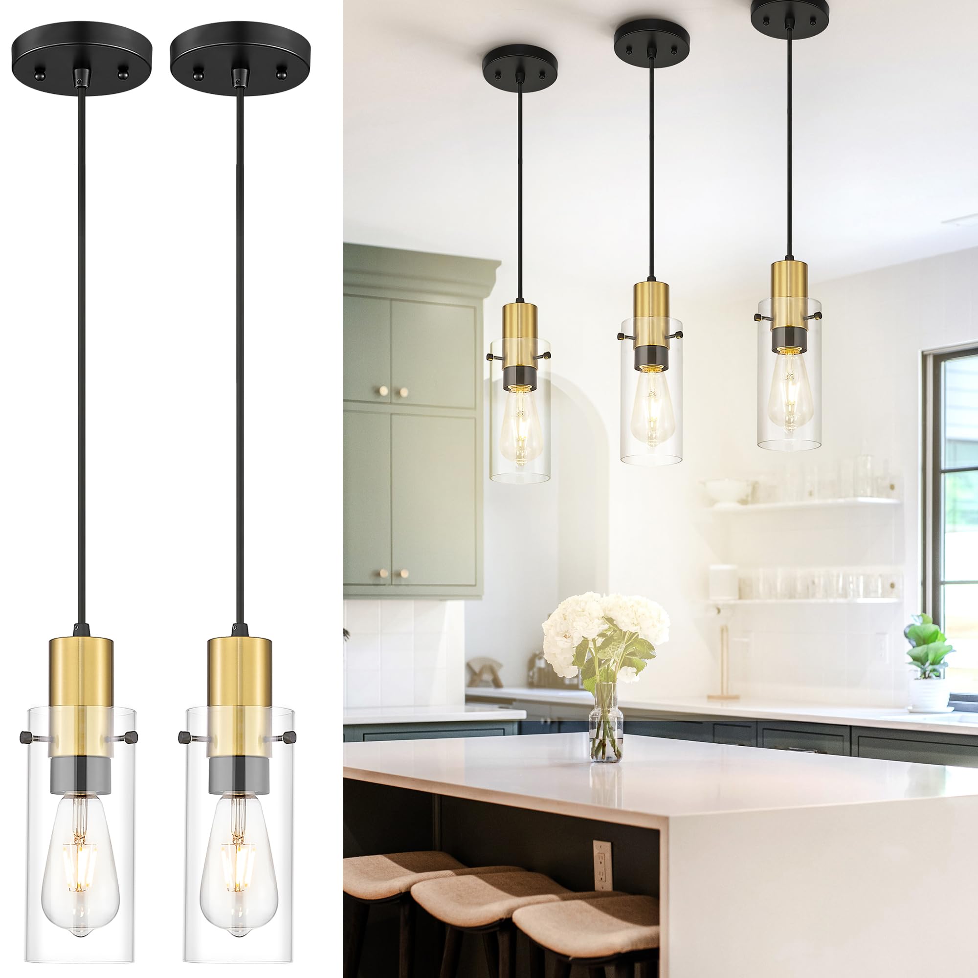 Emak 2 Pack Black Gold Pendant Light, Modern Farmhouse Pendant Lights Kitchen Island with Clear Glass Shade, Mini Hanging Lights