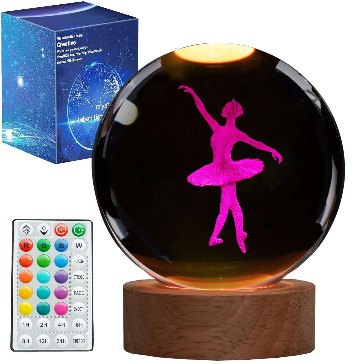 Ballet Night Light, Dance Recital Gifts, K9 3.15 Inch (80mm) Crystal Ball Lamp with 16 Colors Remote Upgraded Lamp for Birthday 