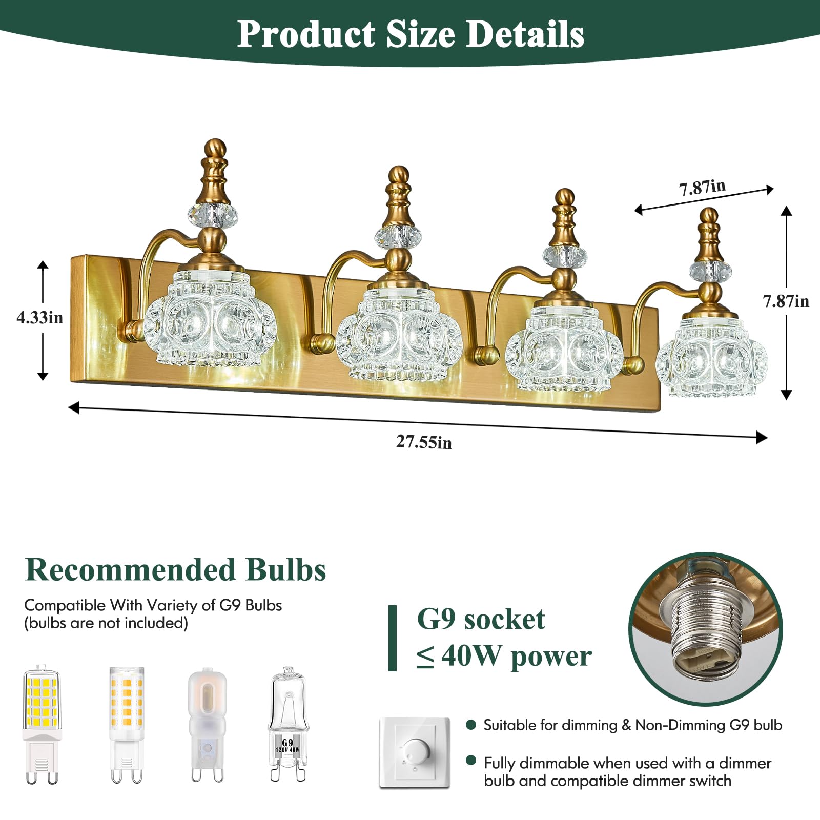 Lbsqj Modern Glass Crystal Vanity Light - Vintage Bathroom Lighting Fixtures Over Mirror  4 Light Vanity Lights G9 Bulb (27.55 Inch  Gold)