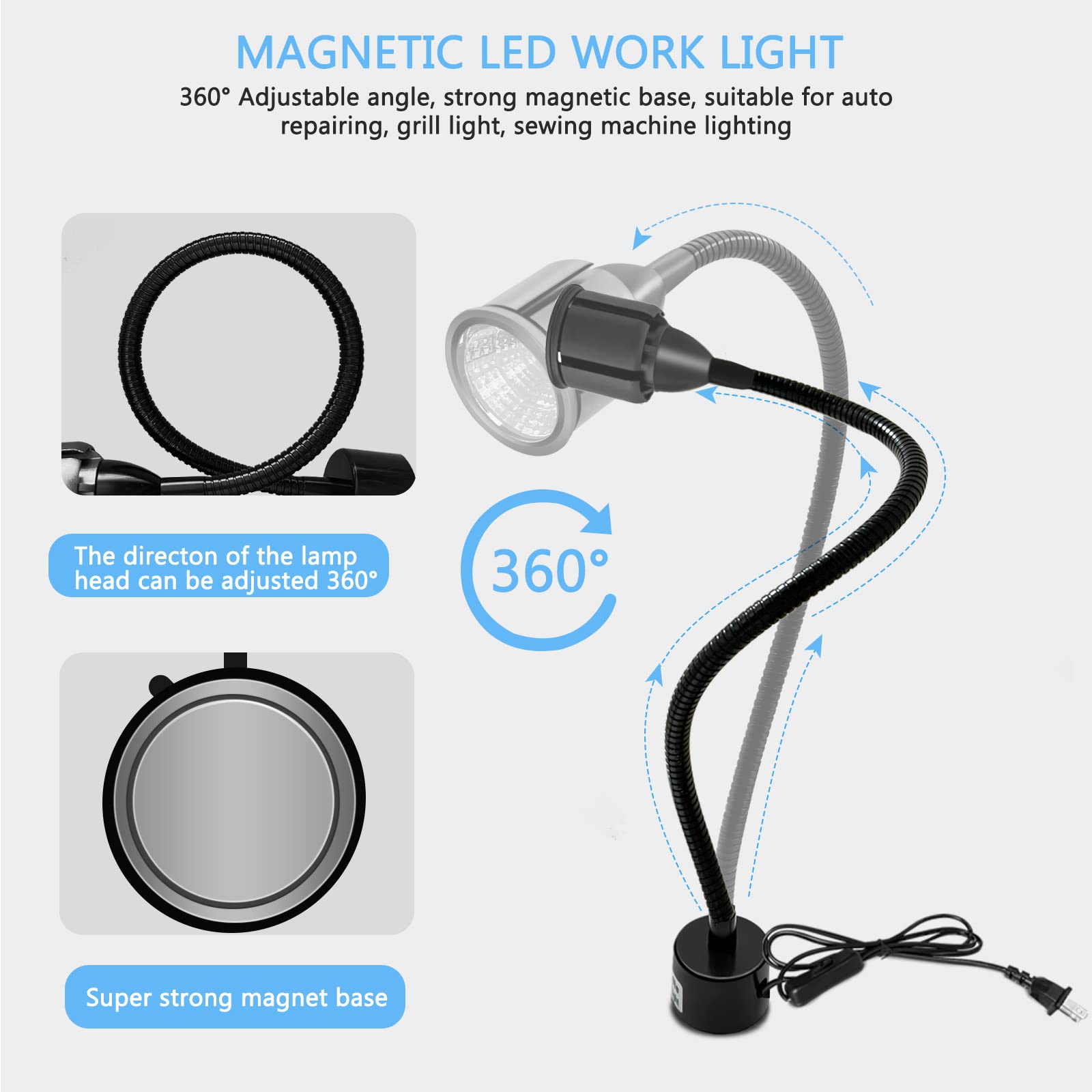 Deeffe Magnetic Led Work Light With Flexible Gooseneck And Magnetic Base, Magnetic Led Lamp 750 Lumen For Workshop, Lathe, Sewin