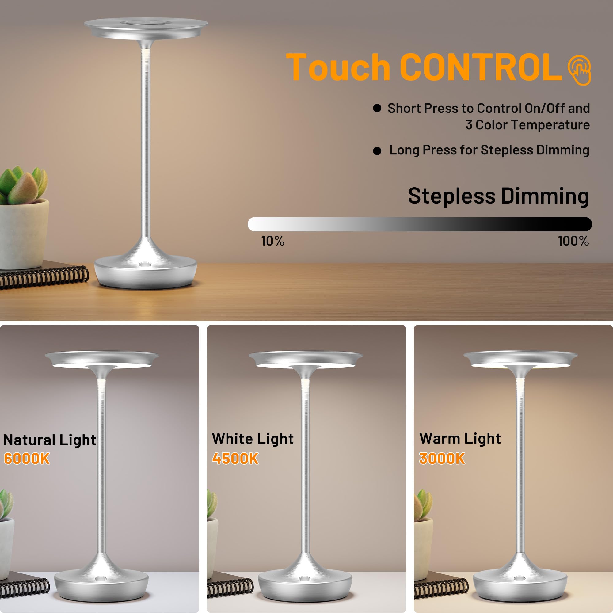 YHT Cordless Rechargeable Table Lamp, 6000mAh Battery, Waterproof, 3 Color Dimming, Aluminum, Silver, Model 825, 2 Pack
