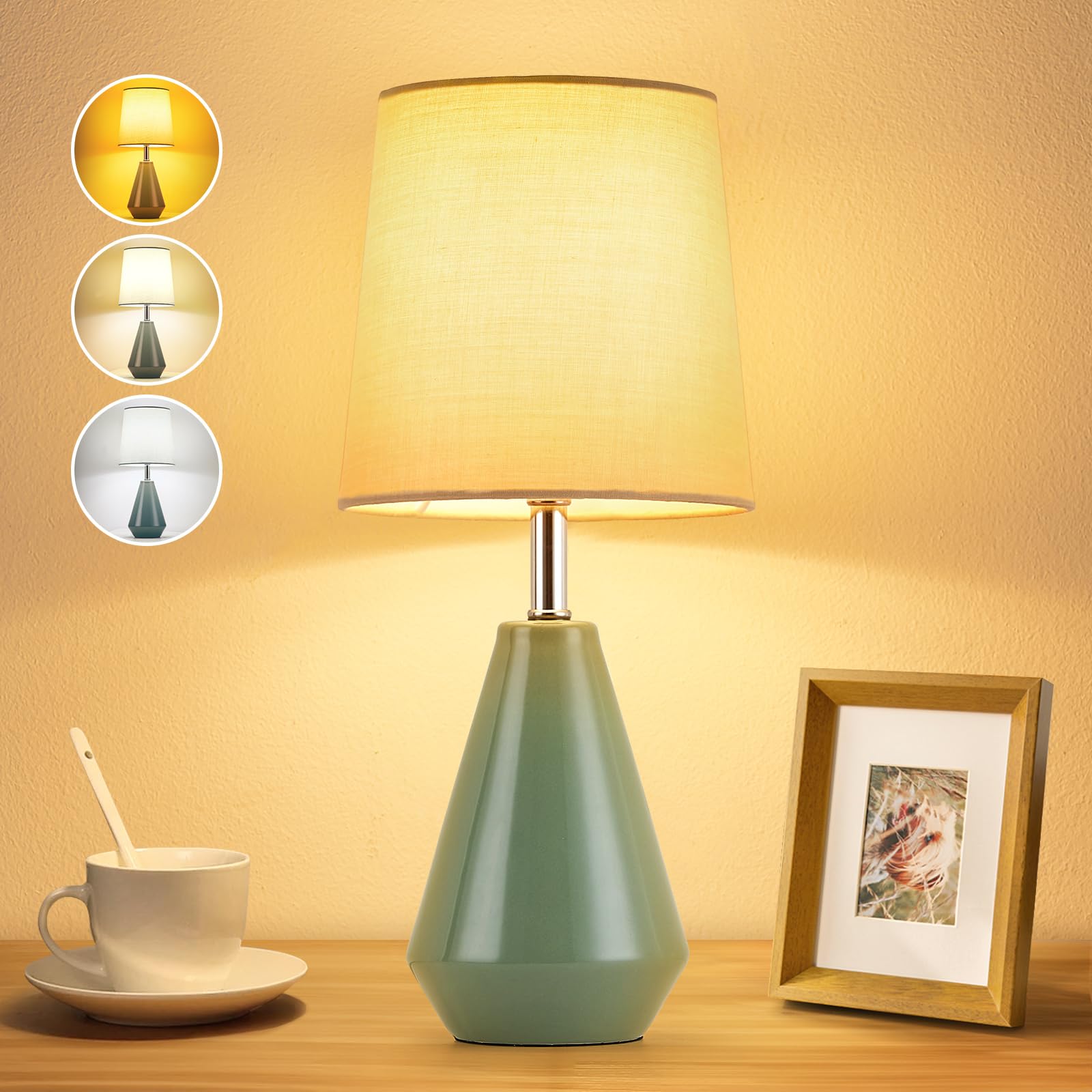 bdayanx Small Bedside Table Lamp for Bedroom - Reading Desk Lamp with 3 Color Temperatures,15.5'' Nightstand Ceramic Lamp with F
