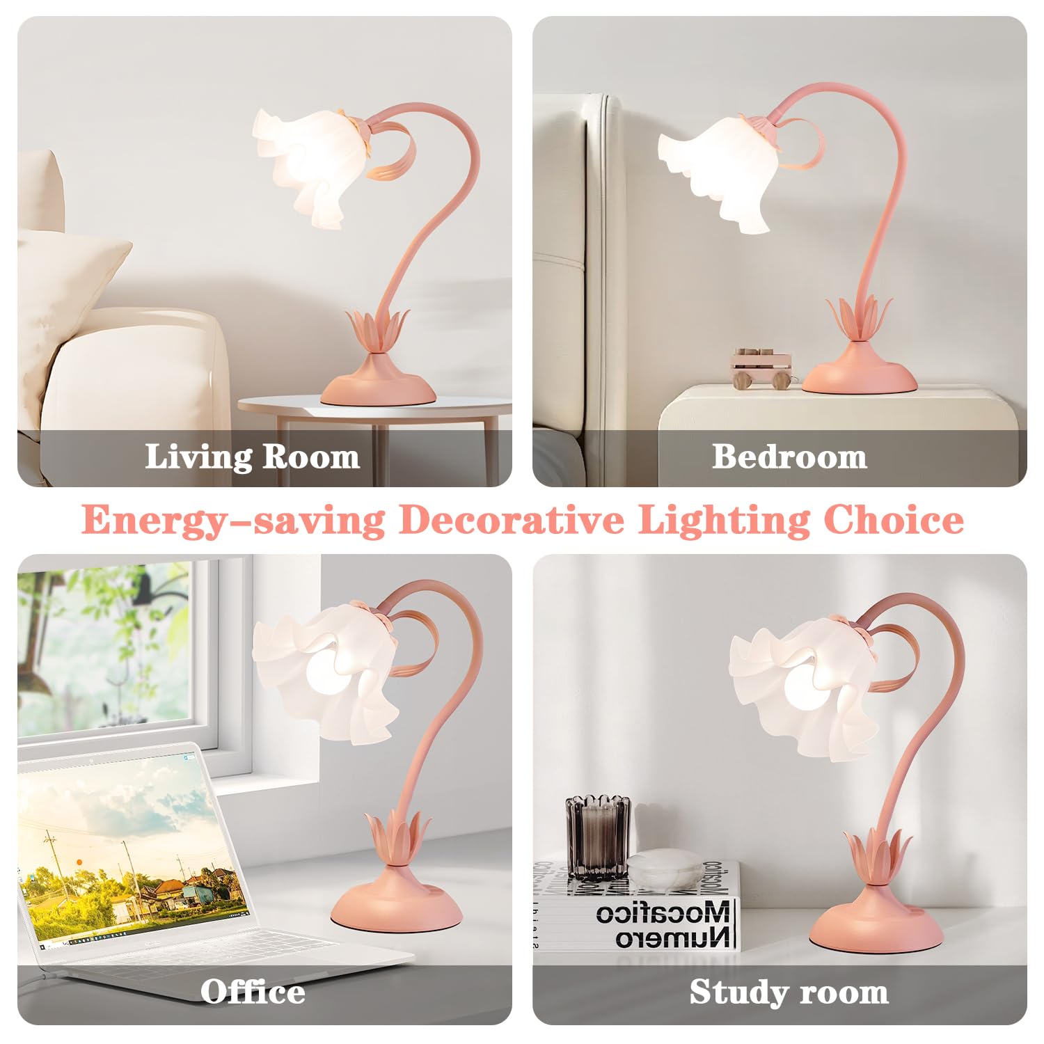 WERFOP Vintage Flower Table Lamp, LED Gooseneck Desk Lamp, Medium, Metal, Pink, Model FTL0830