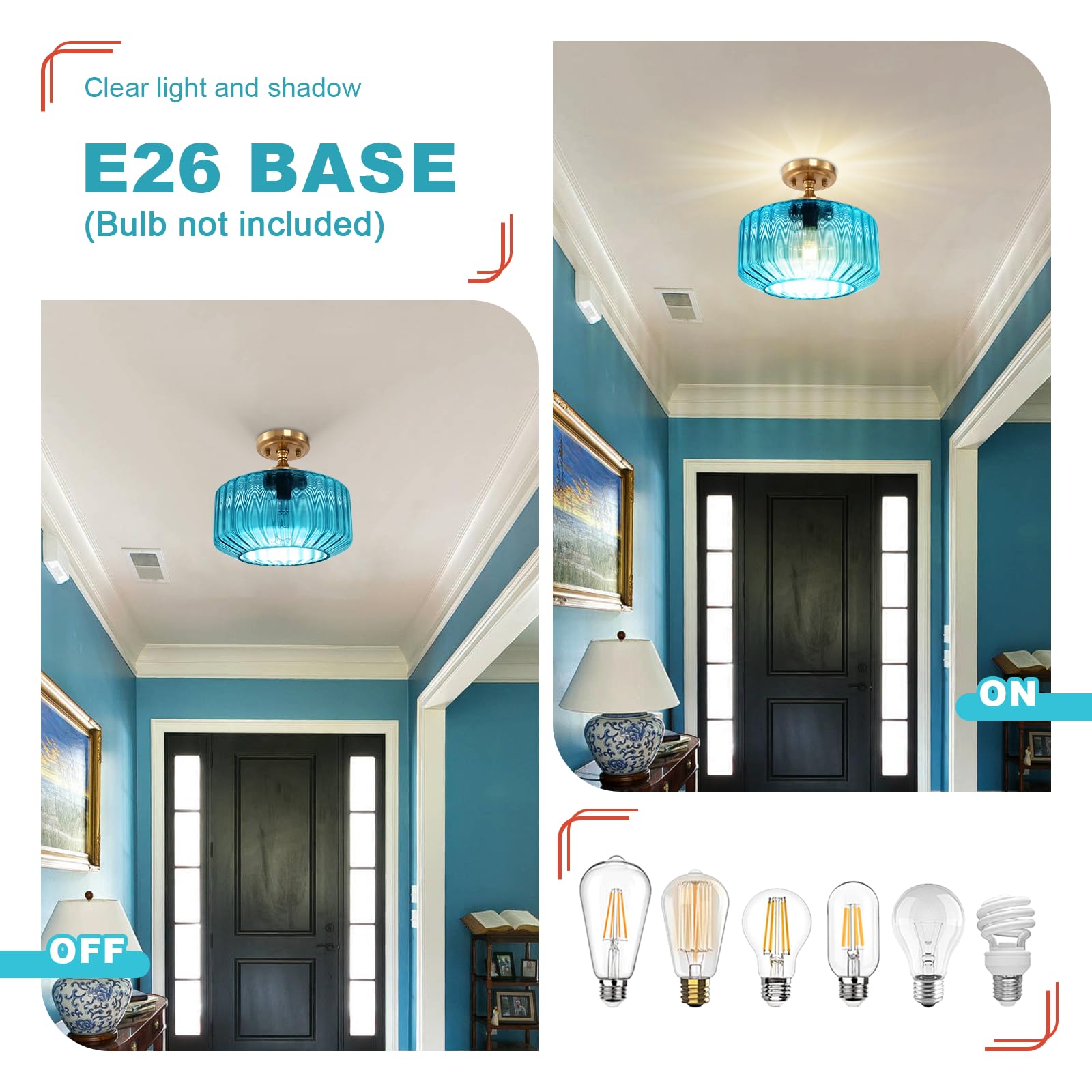 Qepeety Blue Glass Flush Mount Ceiling Light  11.02 Vintage Gold Chandelier Hallway Lights Fixture  Modern Close To Ceiling Lighting For Bathroom Bedroom  Compatible With E26 Bulb (Bulb Not Included)