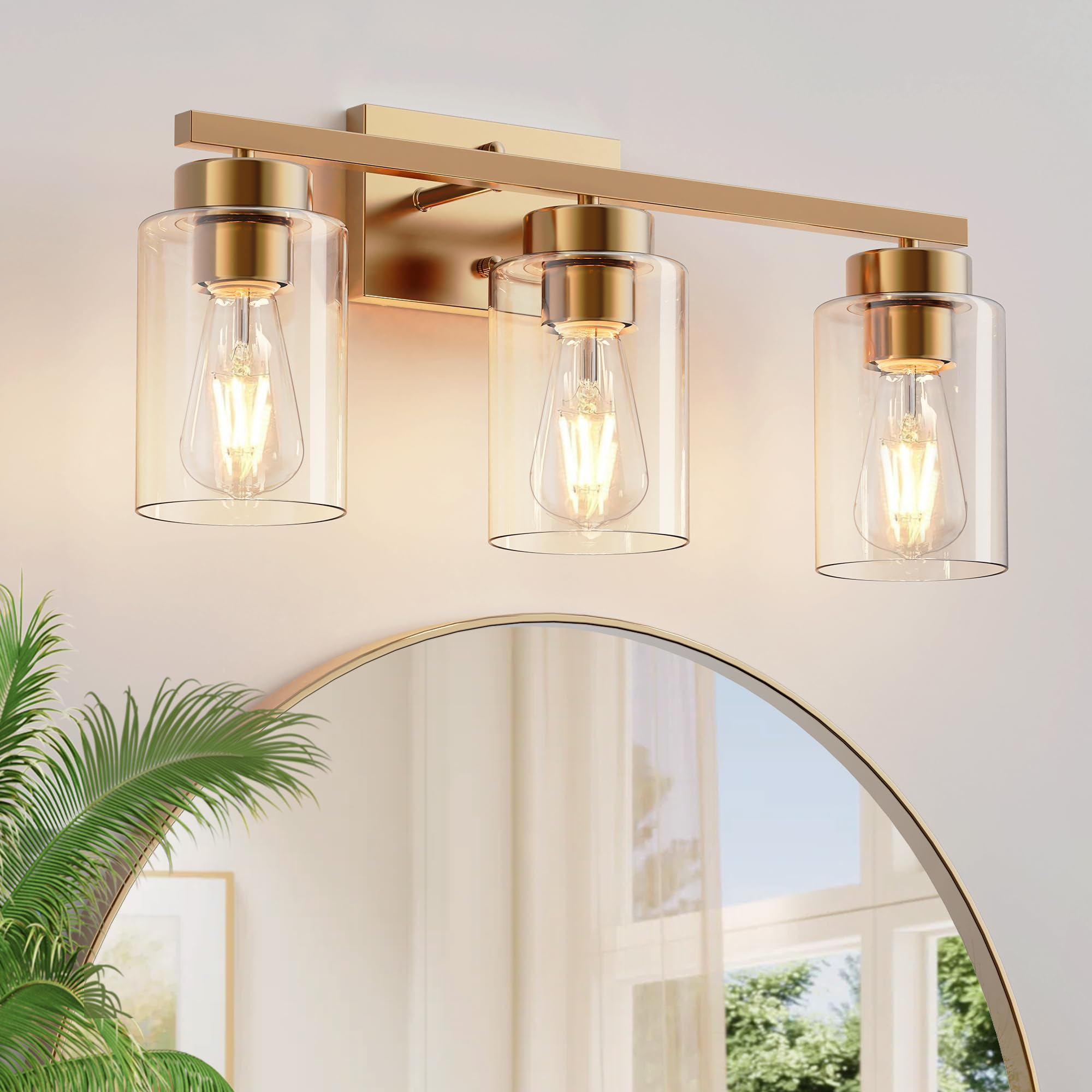 Partphoner 3-Light Bathroom Light Fixtures  Brushed Gold Vanity Light With Clear Glass Shade  Modern Wall Sconce For Mirror Bedroom Living Room Hallway Lighting