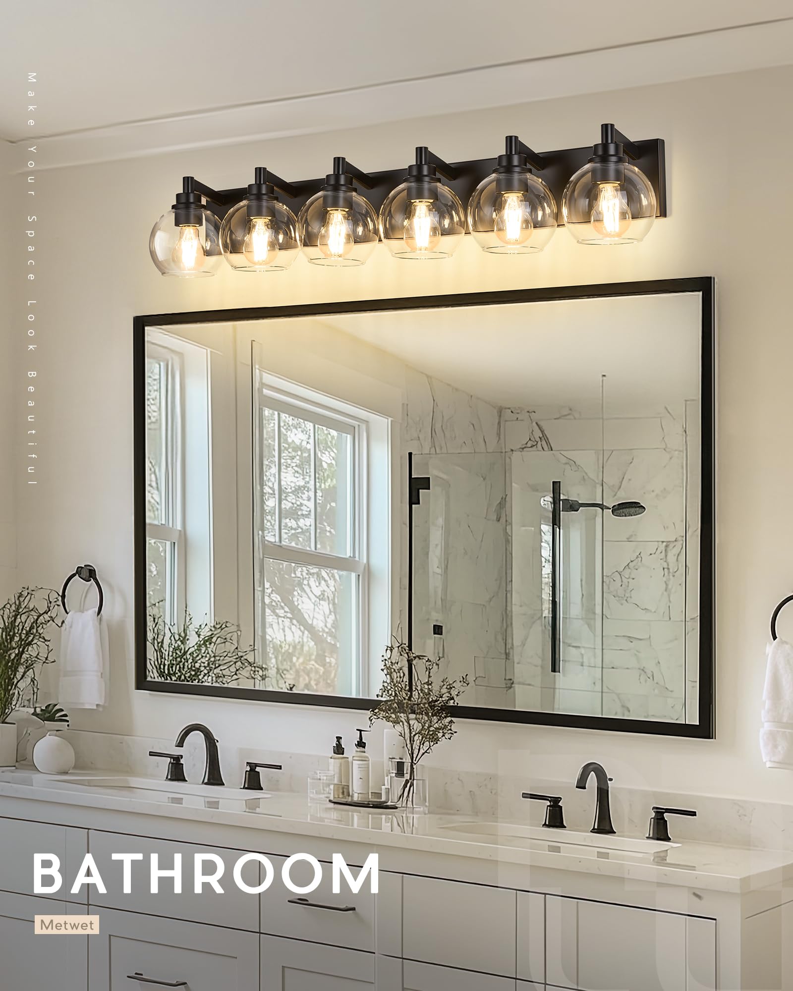 Metwet Bathroom Light Fixtures, 6 Light Matte Black Vanity Light, 38 Inch Modern Wall Sconces With Globe Clear Glass Shade, Vani