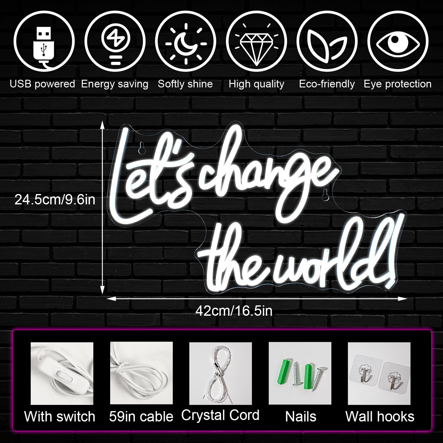 Horseneon Neon LED Sign, Wall Decor, USB Powered, White Acrylic, inLets Change the Worldin
