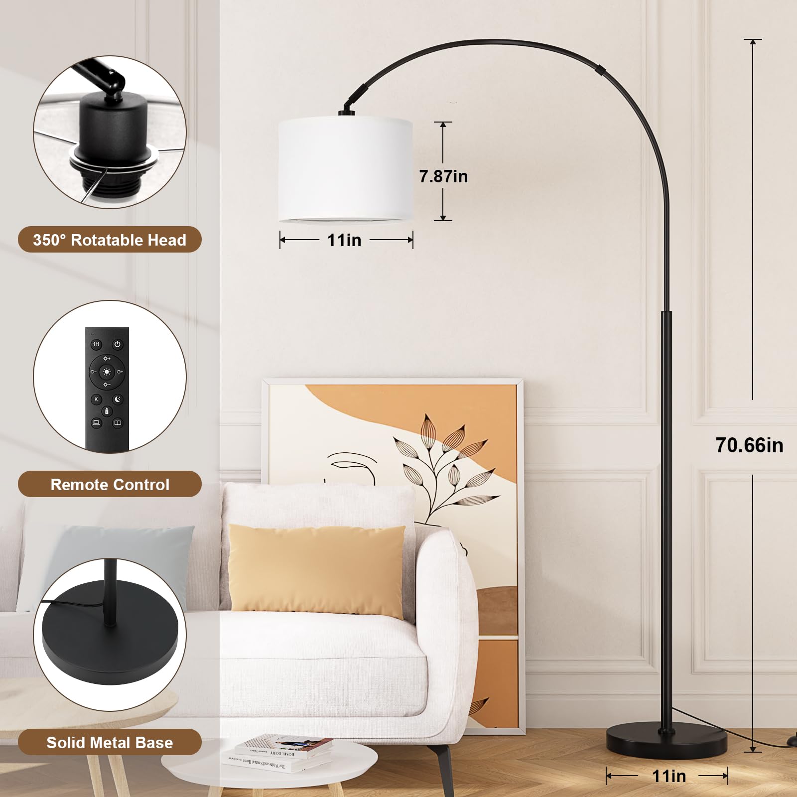 Ambimall 70'' Dimmable Arc Floor Lamp With Remote, Color Temperatures And Brightness Adjustable, Arched Floor Lamp With Rotating