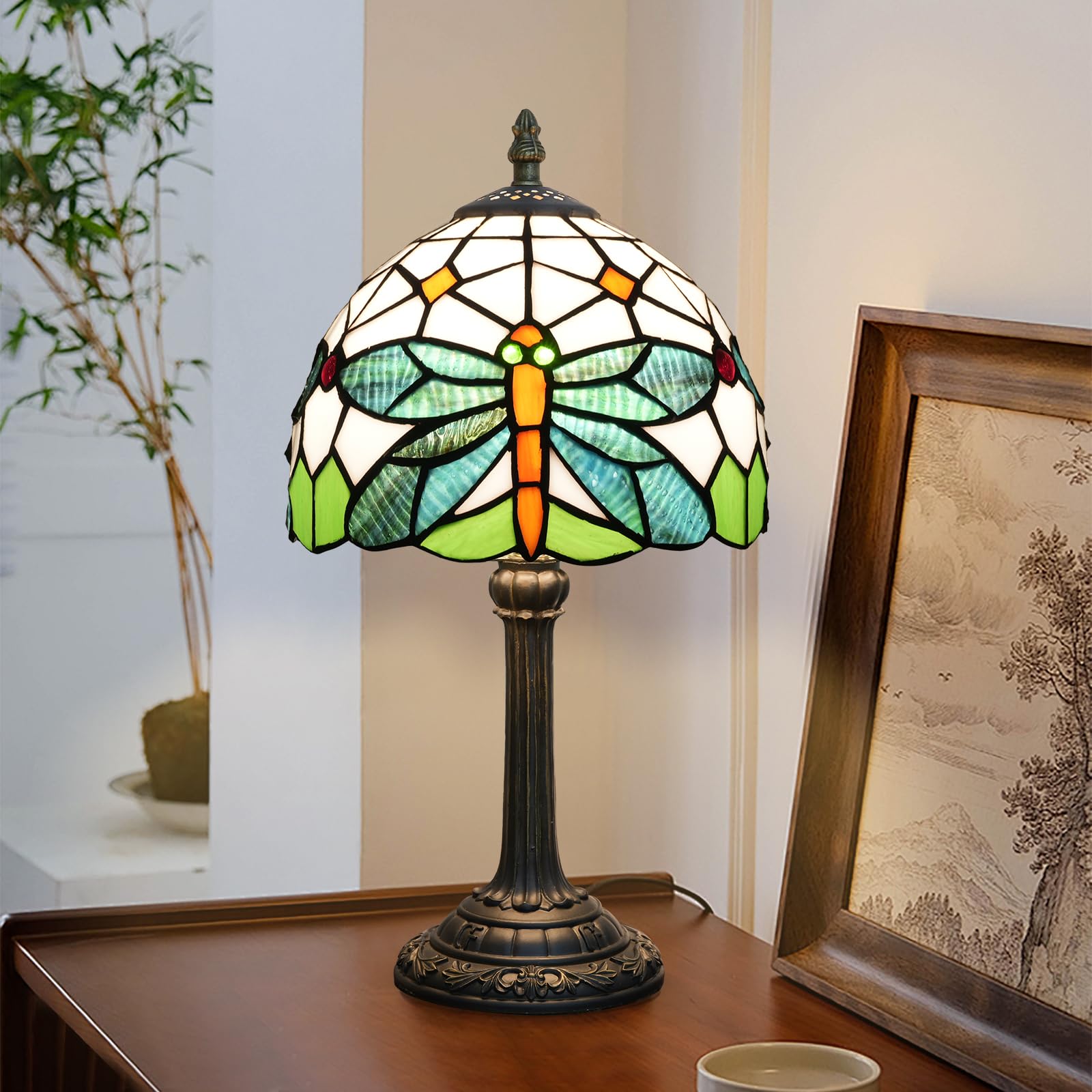 NUODITOS Tiffany Table Lamp Green Dragonfly Stained Glass Bedside Lamp Antique Unique Cute Accent Nightstand Light for Home Living Room Office Dormitory Bar Decorate