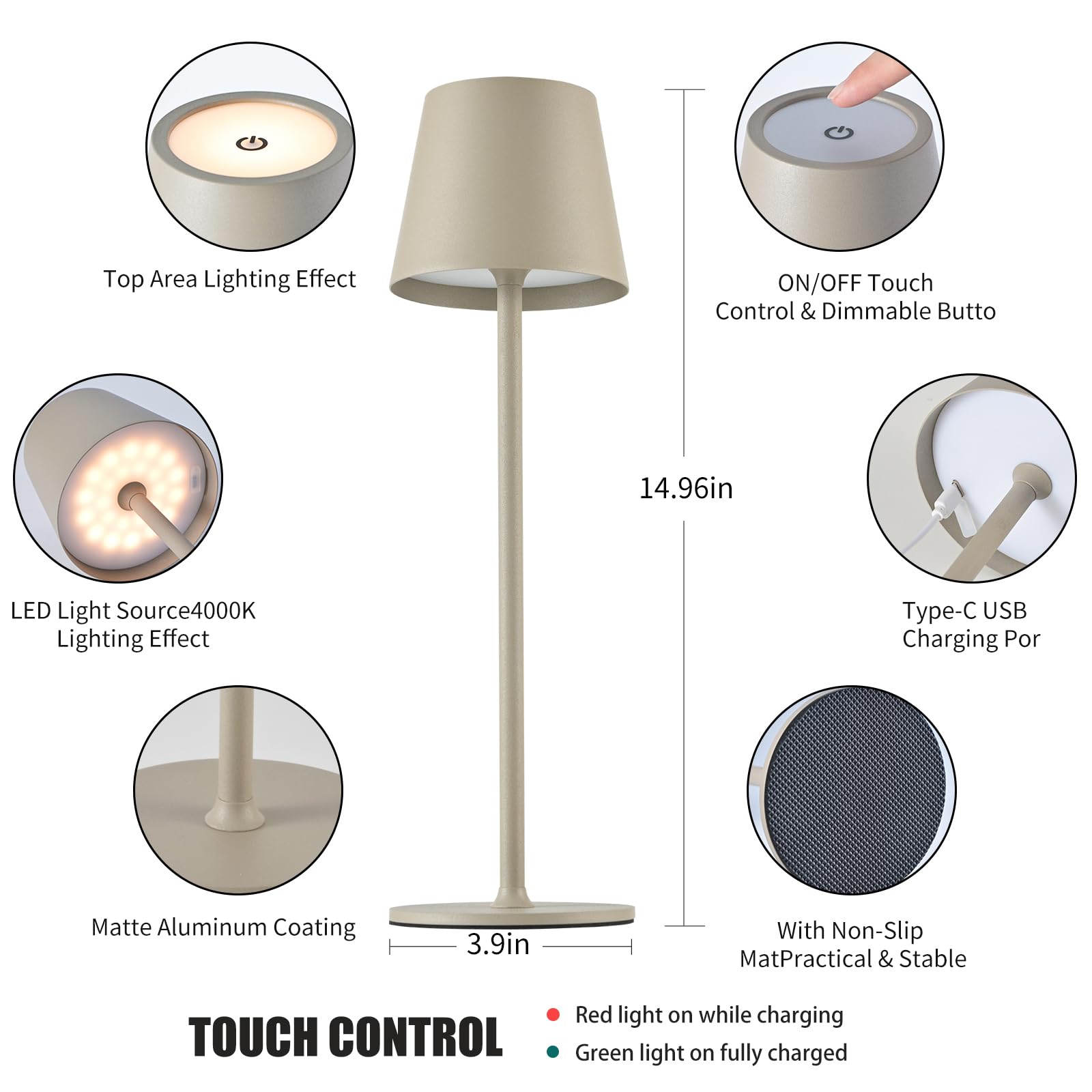 BGFHome Cordless LED Desk Lamp, 5000mAh Rechargeable, Touch Night Light, Minimalist Design, Beige, 2 Pack