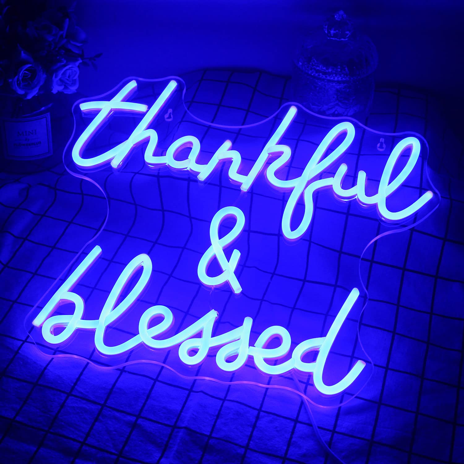 Wanxing Neon Sign - Thankful and Blessed LED Wall Decor, USB Powered, Blue, for Weddings and Birthday Parties