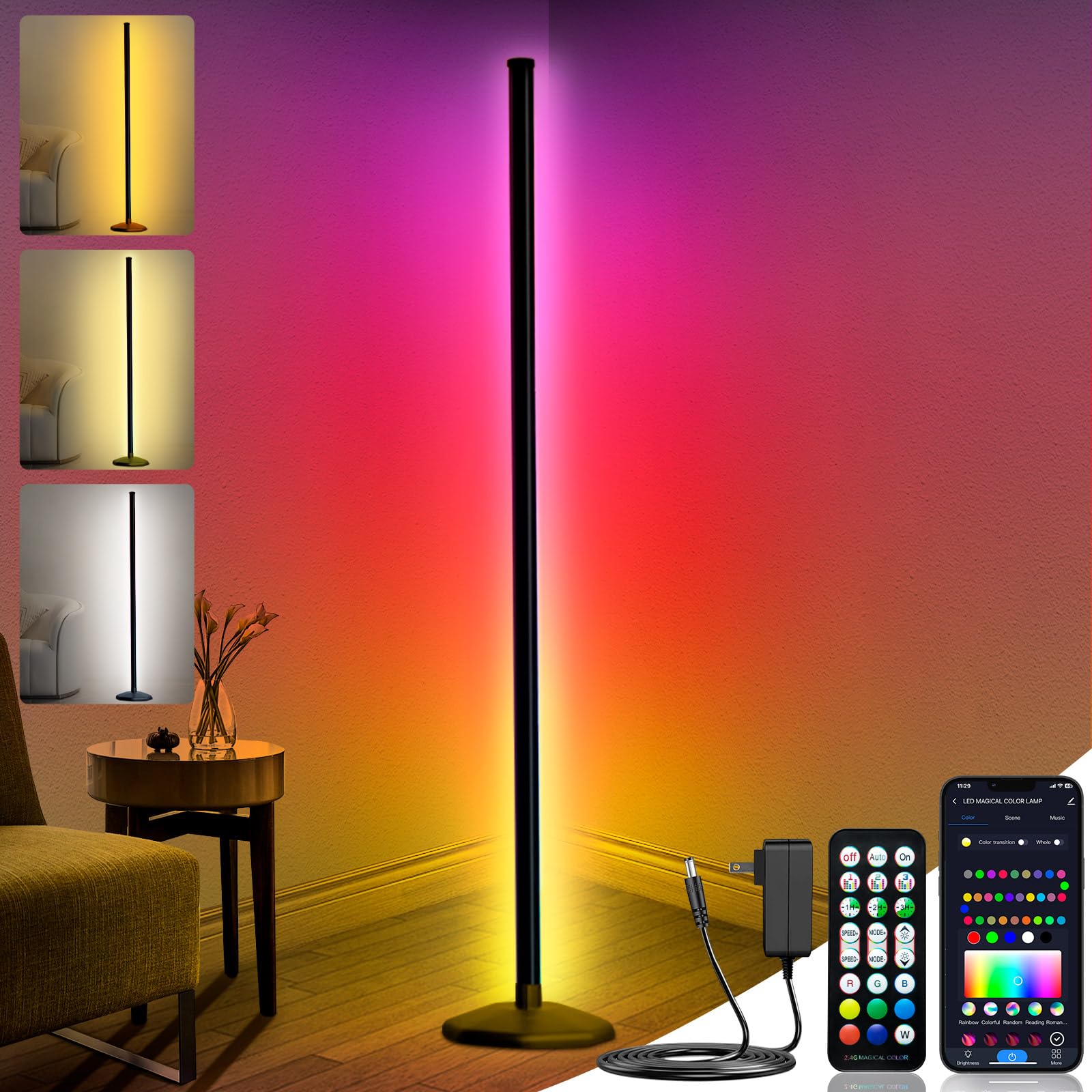 LanSuper Corner Floor Lamp, RGB Warm Cool White LED Floor lamp with Remote Control & APP,2024 Thicker Modern Floor Lamp with Mus