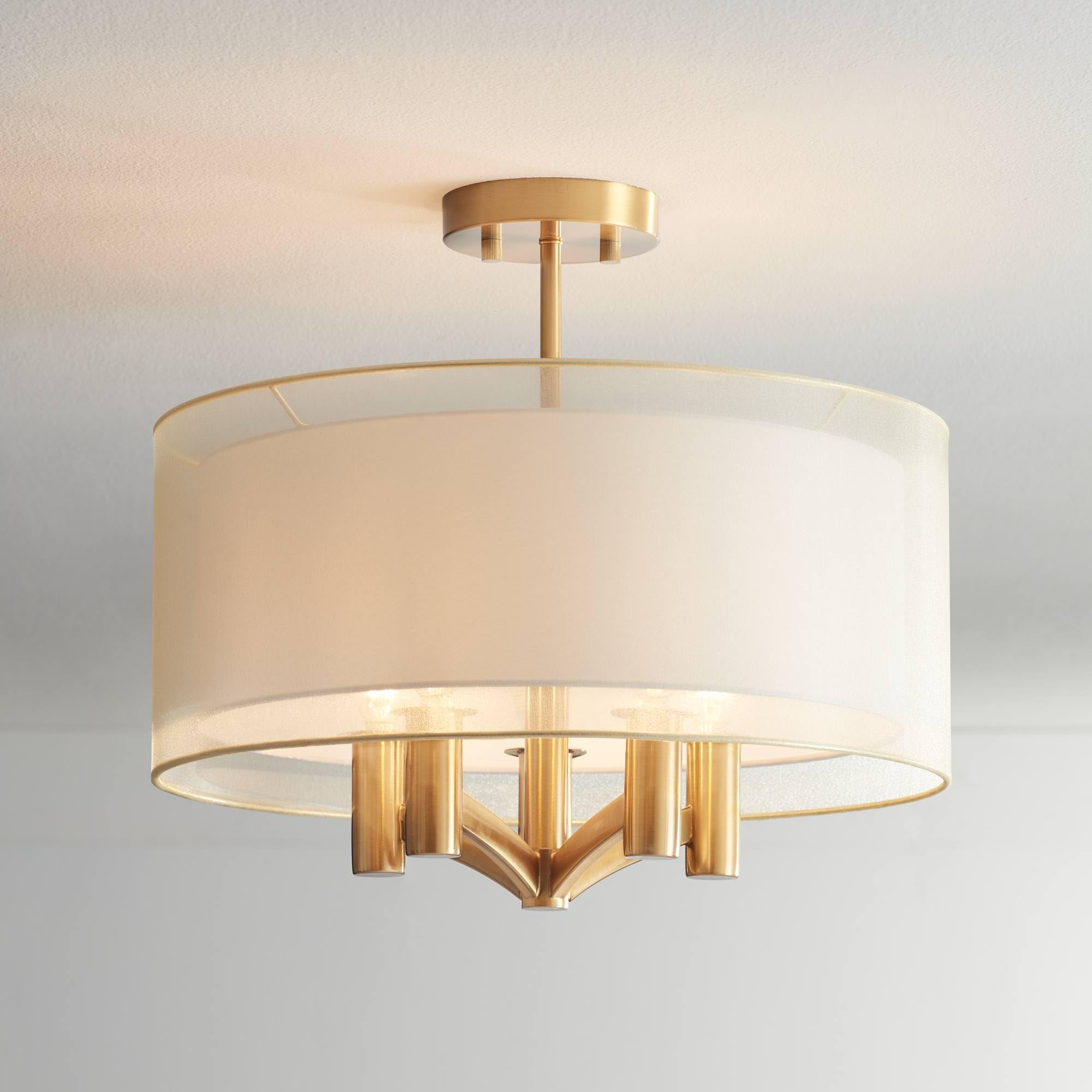 Possini Euro Design Caliari 18" 5-Light Semi Flush Mount Light - Gold Metal Double Drum Shades for Bedroom, Hallway, Living Room, Dining Room