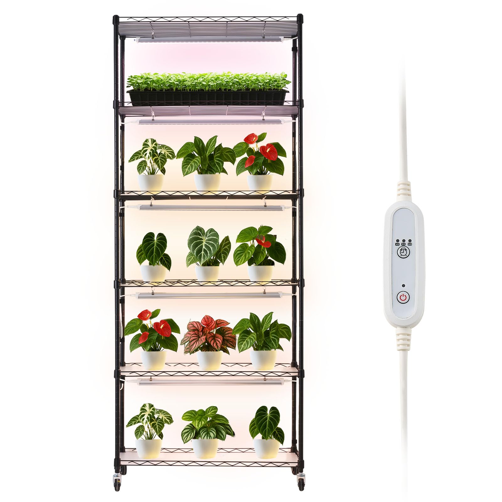 VEVOR Plant Shelf with Grow Light, 6-Tier Indoor Plant Stand, 71in Tall Plants Display Rack with Wheels & 4/9/14H Timer, 150W 3-