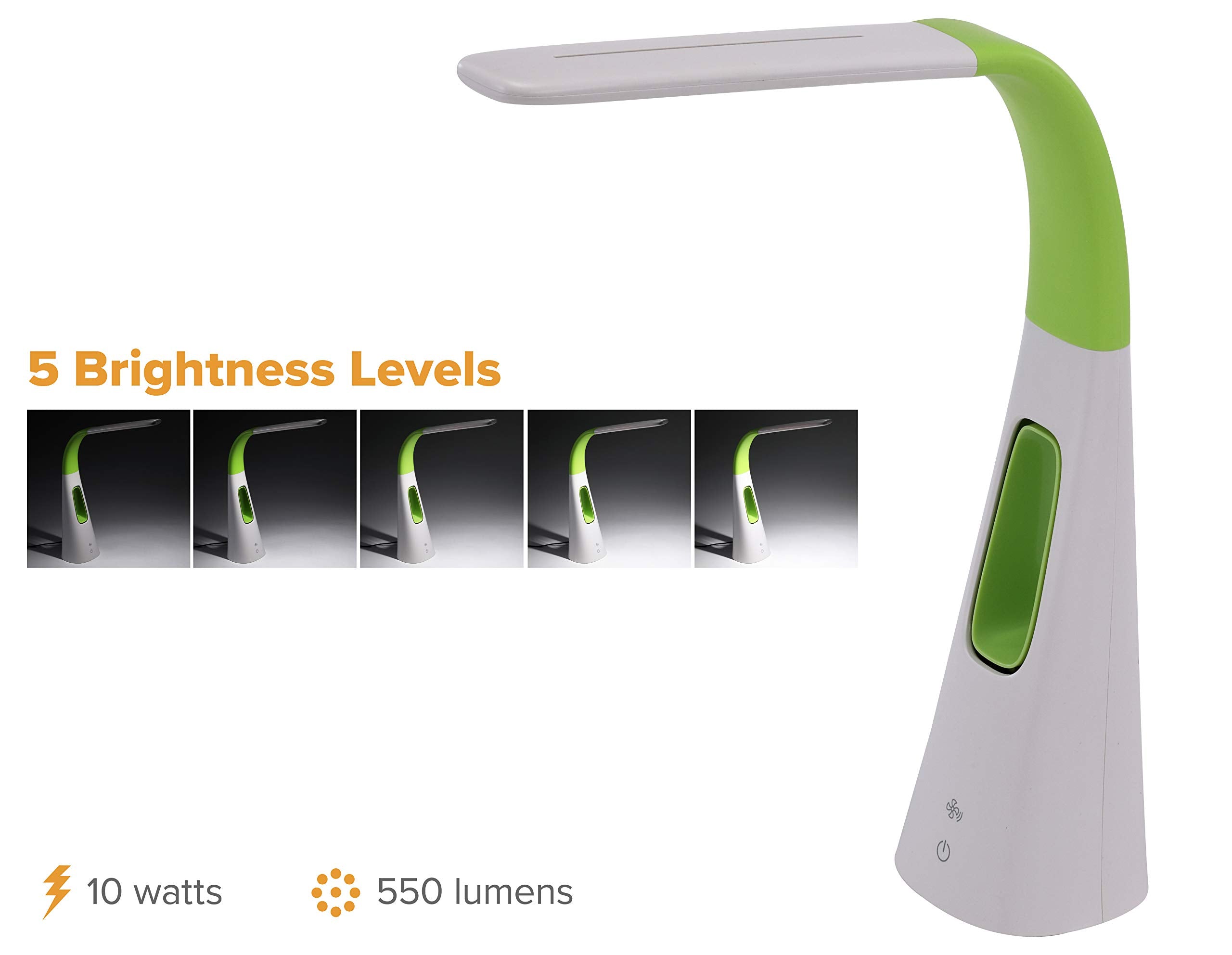 Pureoptics Led Vled1603Lm Desk Lamp With Bladeless Fan, Dimmable, Adjustable Neck, Lime Green