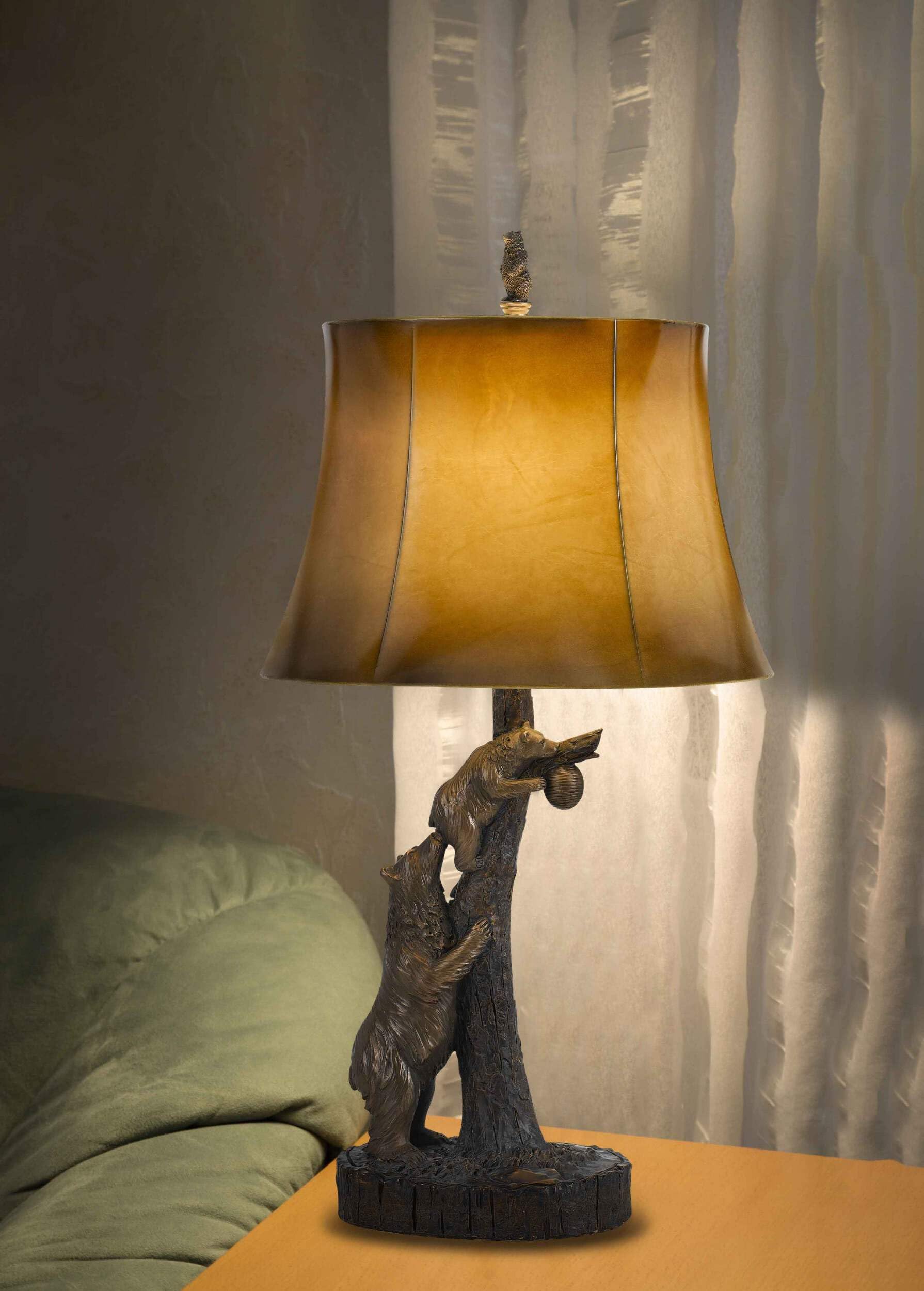 HomeRoots Bronze Bears Table Lamp with Brown Faux Leather Shade, 31 x 16 x 16 in., Model 524661