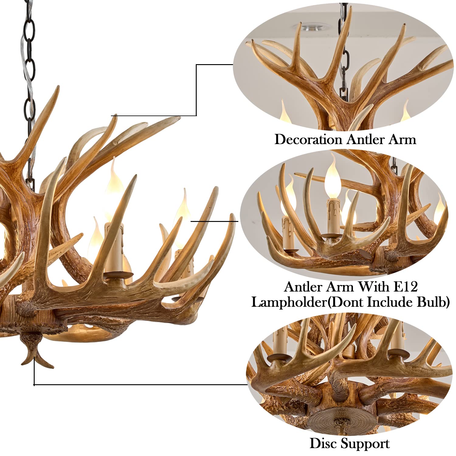 Hubrin Antler Chandelier 6 Light Rustic Style Resin Light Fixture, Brown with White, 6 Lamp Arms + 3 Arms