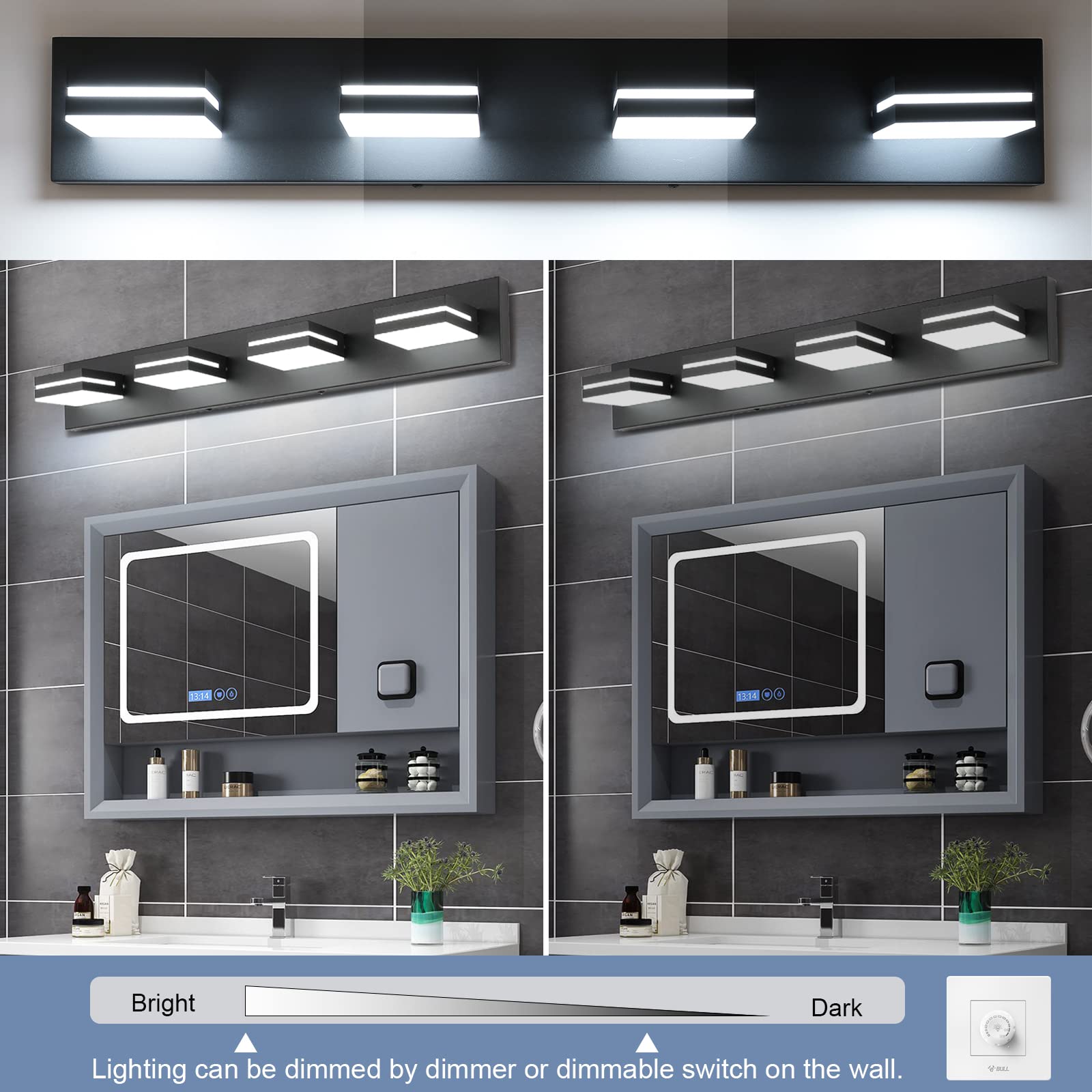 Sinerise Led Modern Bathroom Vanity Light Fixtures (4-Light, 30-Inch, Dimmable), Matte Black Modern Acrylic Bathroom Wall Lighti