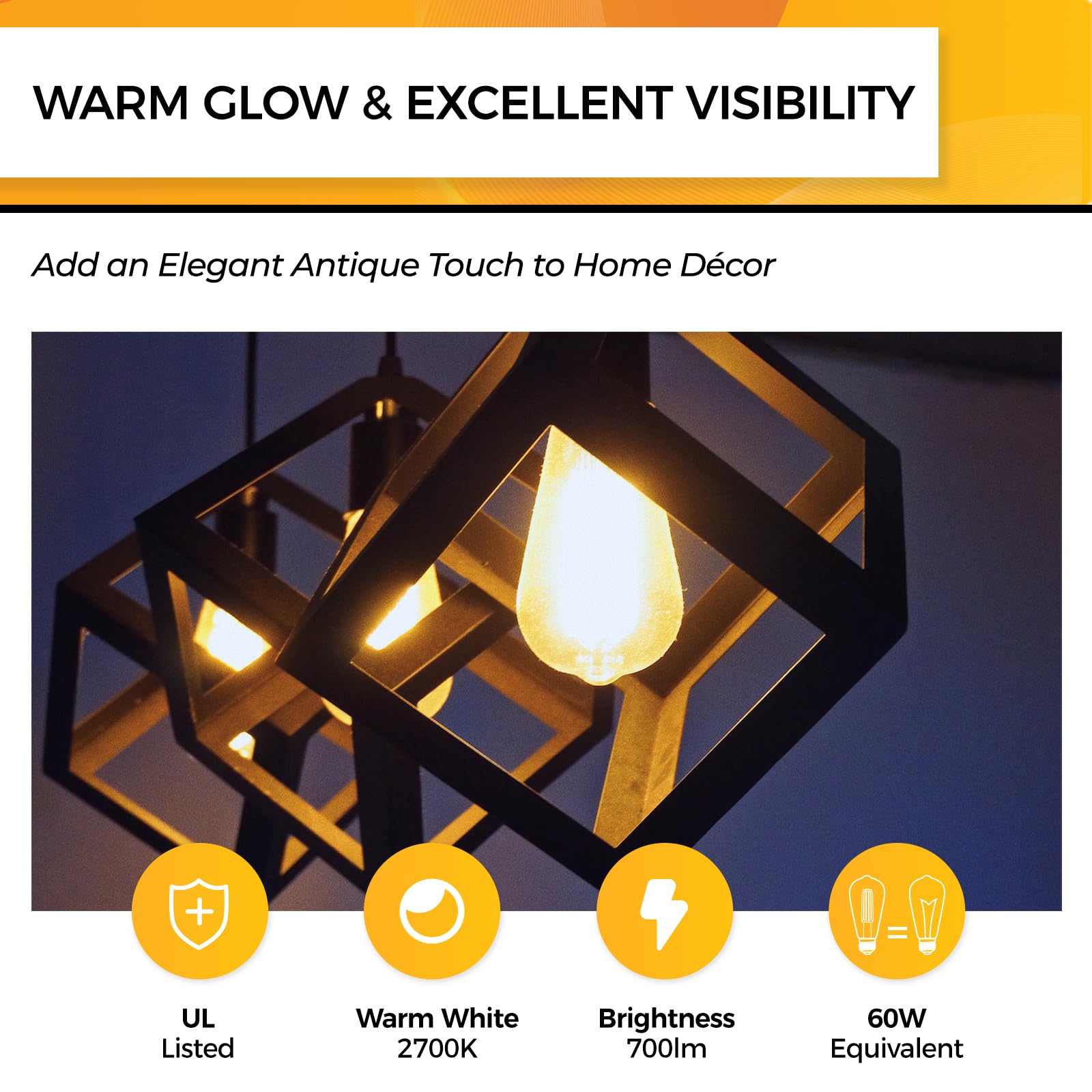 Hizashi Vintage Led Edison Bulb Dimmable, 6W Equivalent 60W, 2700K Warm White, E26 Base Led Light Bulbs, 700Lm, High Cri 95+ Eye Protection, Clear Glass, Pack Of 12