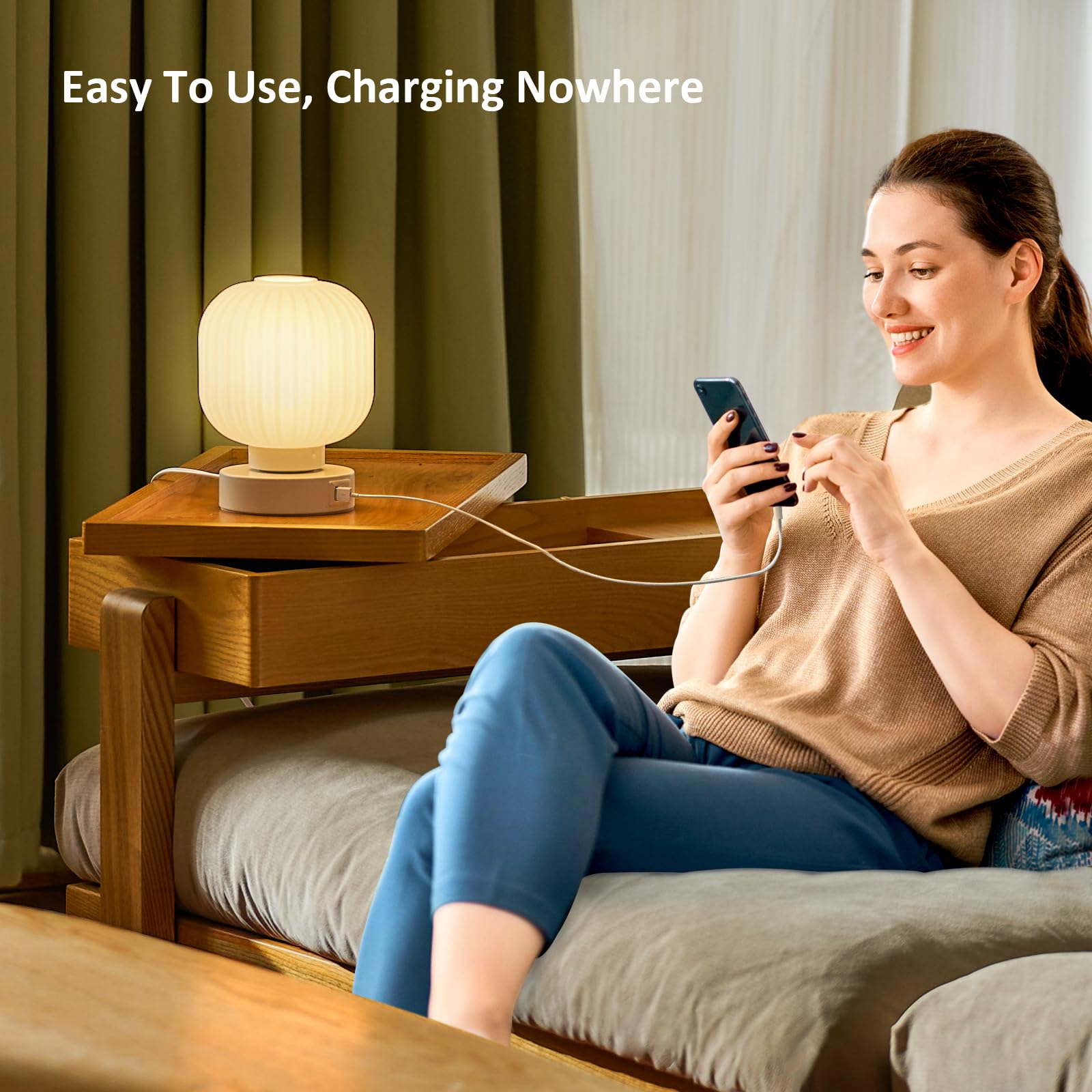 Elenhome 2-Pack Touch Bedside Glass Table Lamps - 3-Way Dimmable, USB Charging Ports, White, Model WN-CL04