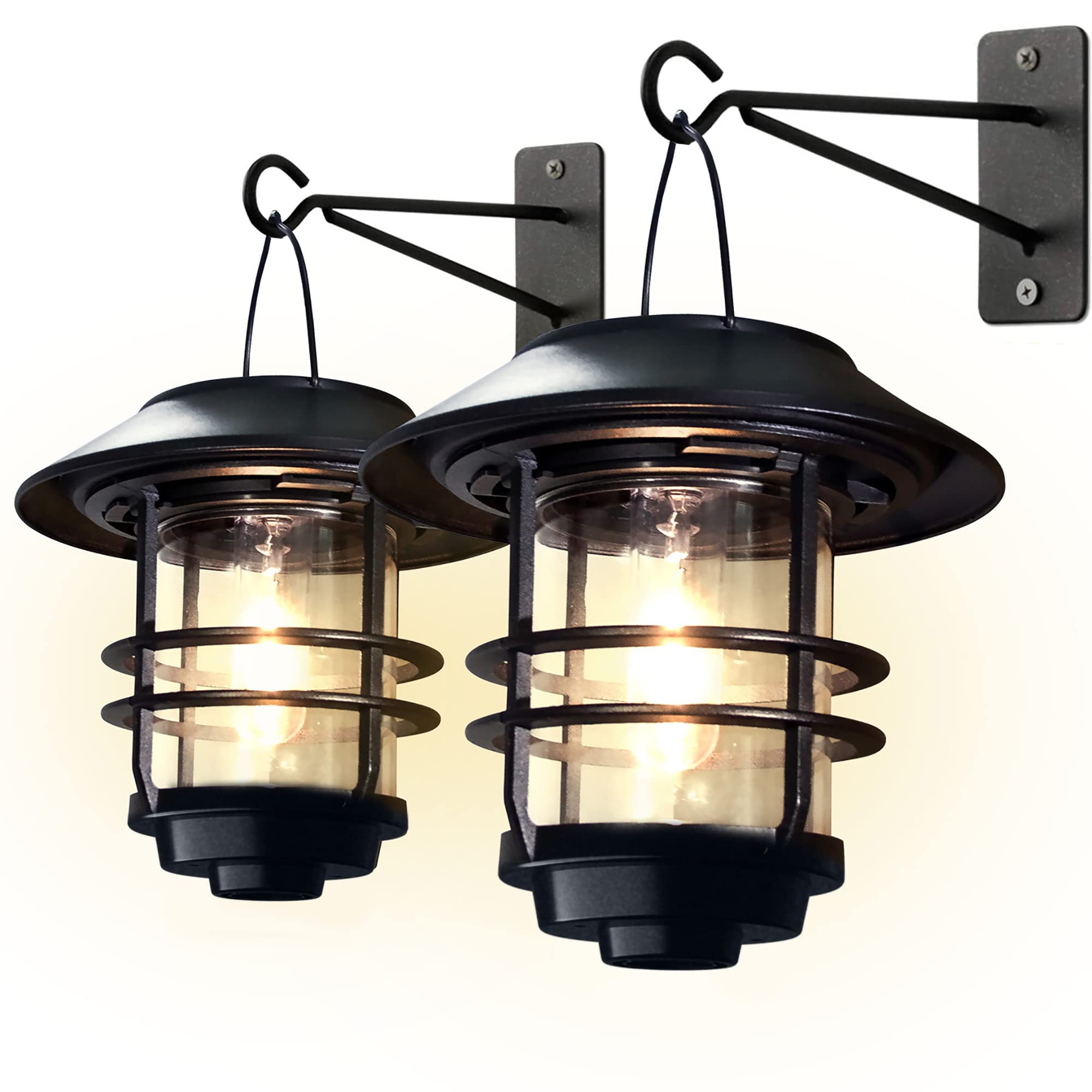 Otdair Solar Wall Lantern Outdoor, 2 Pcs Glass Solar Hanging Lantern Light Waterproof Solar Wall Sconce Light Fixture Wall Mount