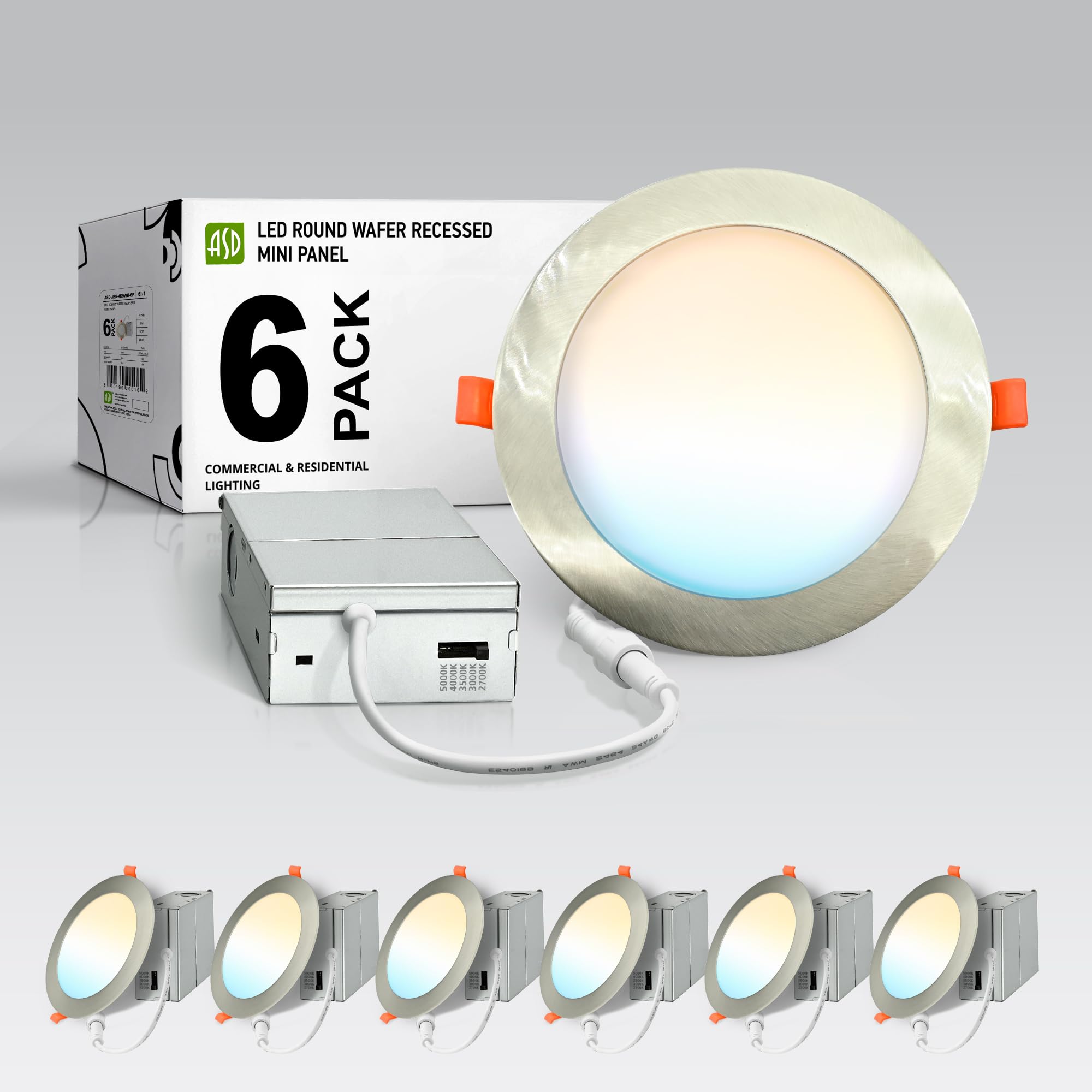 Asd 6 Pack Led Recessed Lighting 6 Inch 12W  5 Cct 2700K-5000K Cri90+  Ic Rated Ultra Thin Dimmable Ceiling Lights With J Box  Canless Wafer Downlight  Round Slim Panel Light  Energy Star Etl  Nickel